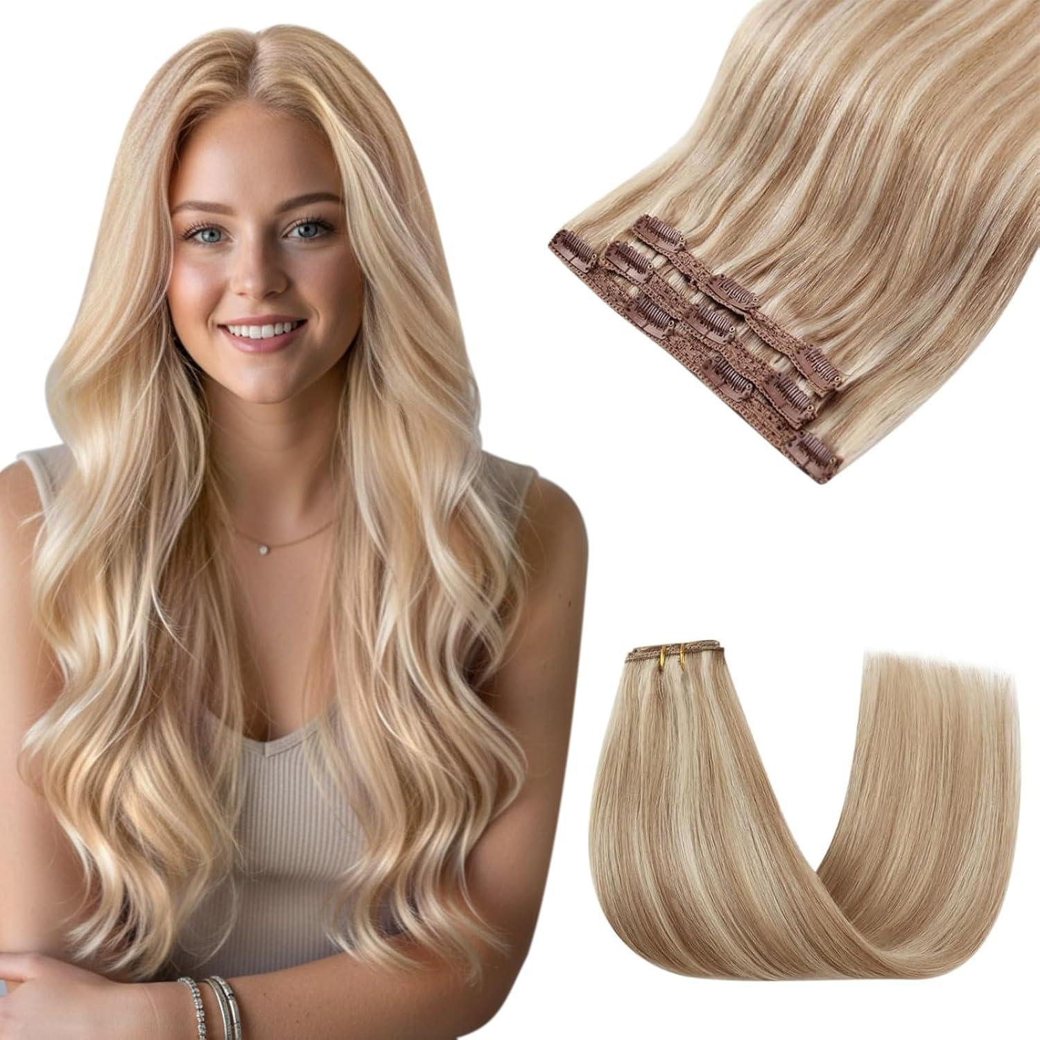 imageSunny Hair Clip in Hair Extensions Real Human Hair 120g Remy Hair Clip in Extensions for Women Human Hair Extensions Black Ombre Brown Balayage Caramel Blonde 24 InchA2 BlondeP1060Dark Golden Blonde Highlights