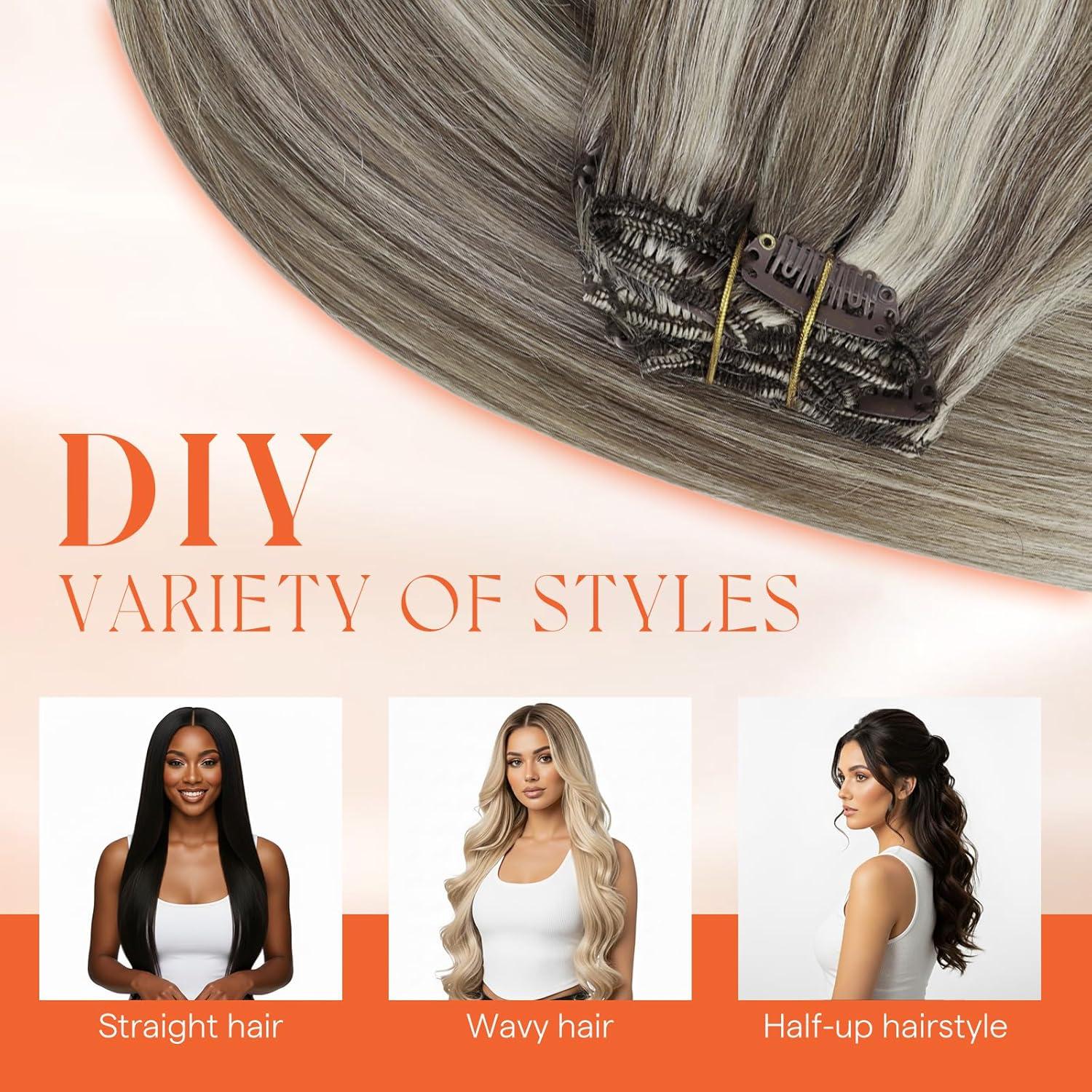 imageSunny Hair Clip in Hair Extensions Real Human Hair 120g Remy Hair Clip in Extensions for Women Human Hair Extensions Black Ombre Brown Balayage Caramel Blonde 24 InchA9 BrownP860Blonde Brown Highlight