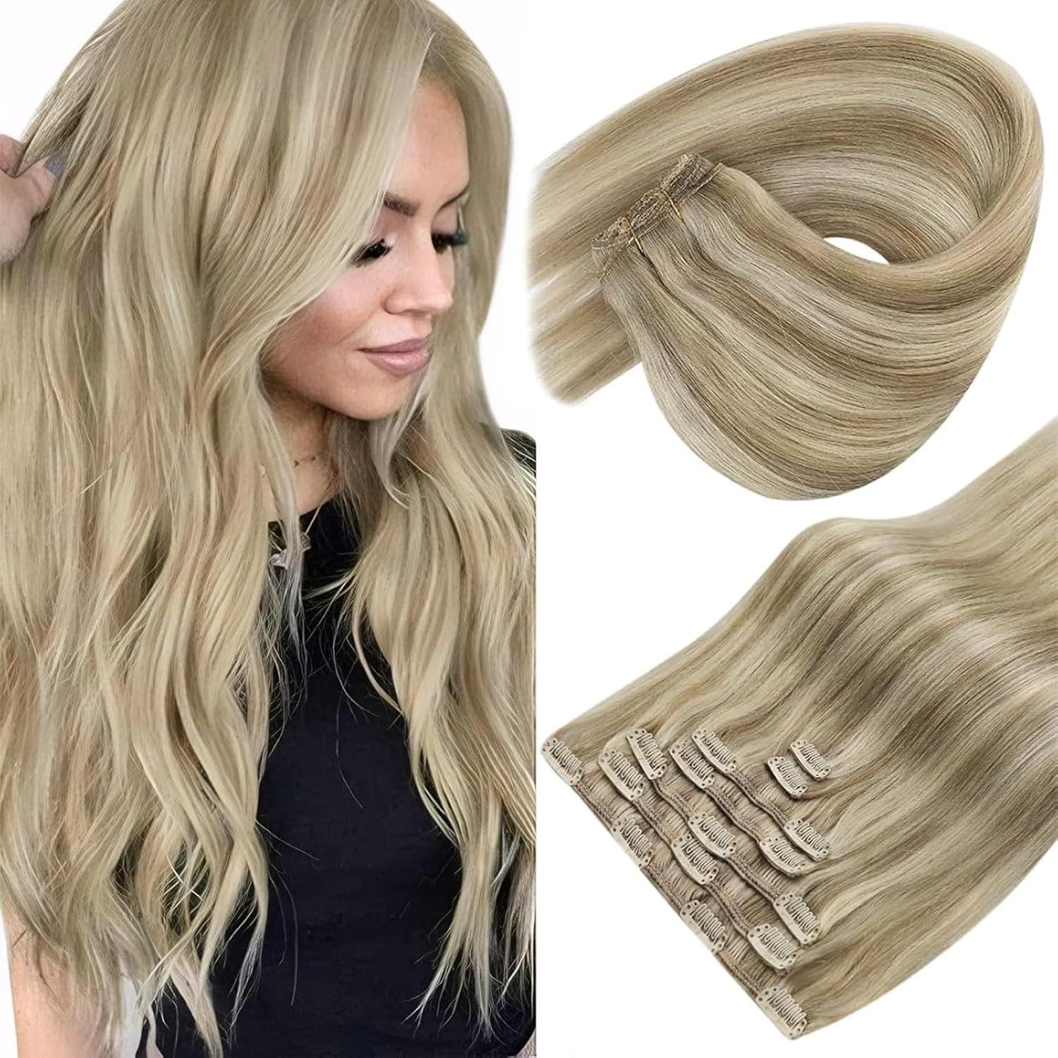 imageSunny Hair Clip in Hair Extensions Real Human Hair 120g Remy Hair Clip in Extensions for Women Human Hair Extensions Black Ombre Brown Balayage Caramel Blonde 24 InchA1 P1622Golden Blonde Highlights