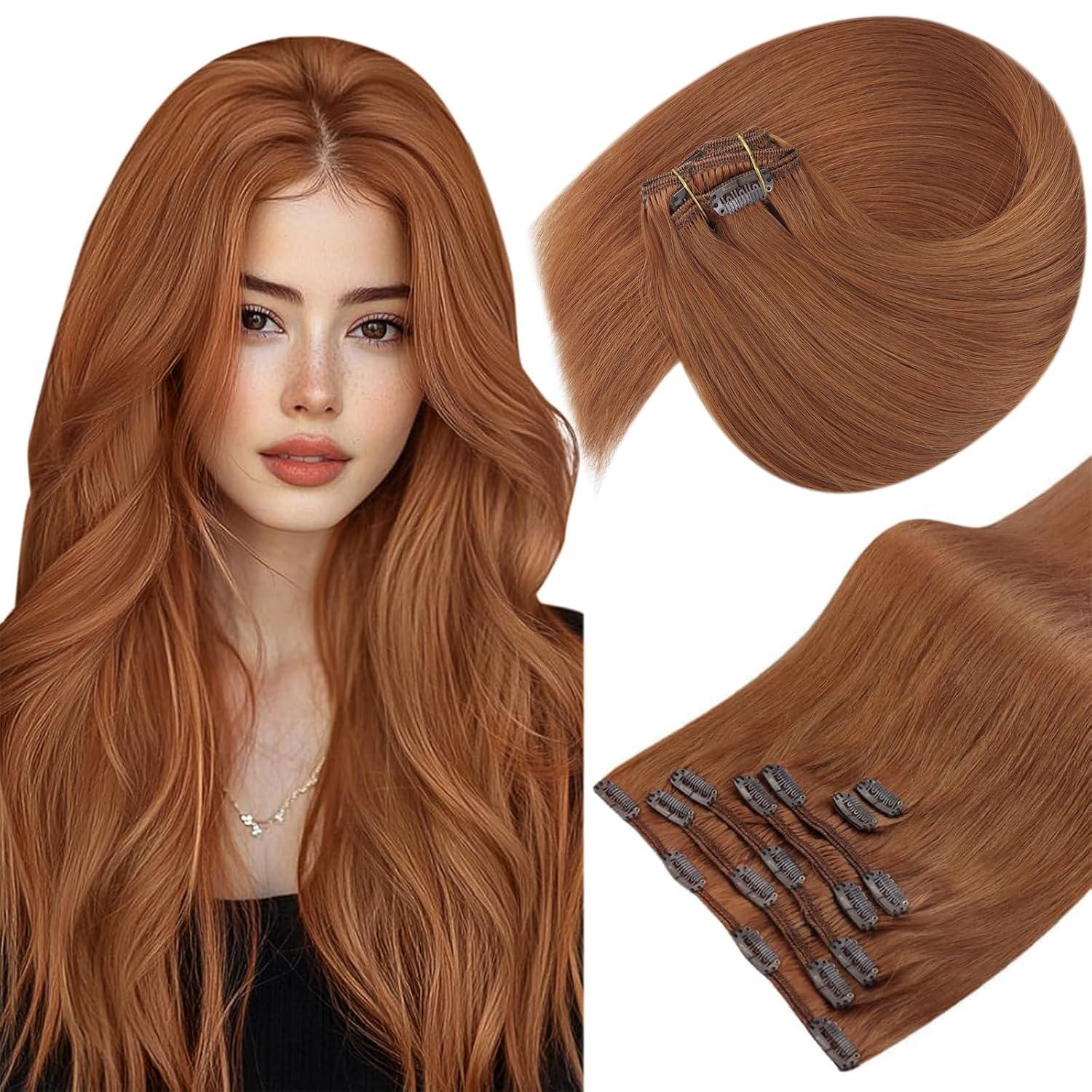 imageSunny Hair Clip in Hair Extensions Real Human Hair 120g Remy Hair Clip in Extensions for Women Human Hair Extensions Black Ombre Brown Balayage Caramel Blonde 24 InchA6 350Ginger
