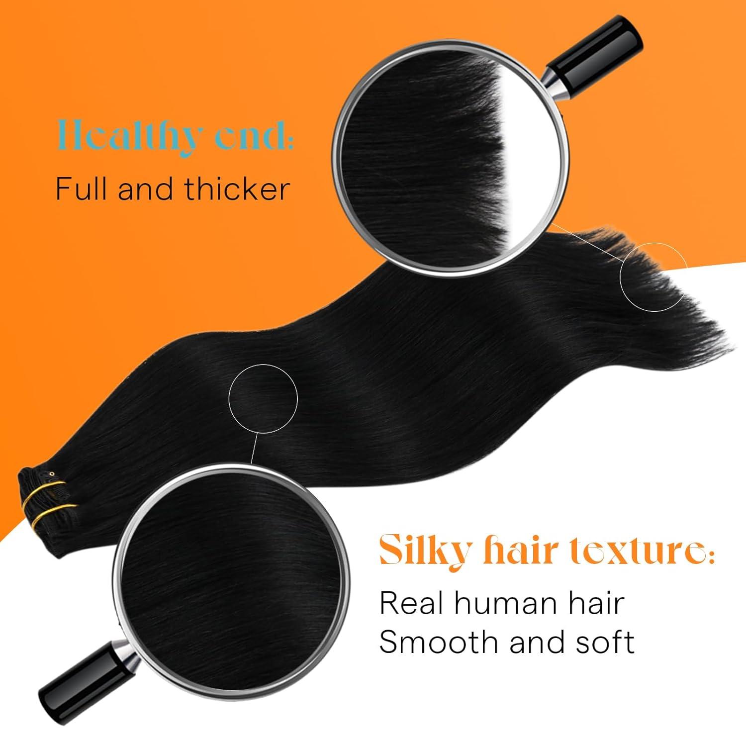 imageSunny Hair Clip in Hair Extensions Real Human Hair 120g Remy Hair Clip in Extensions for Women Human Hair Extensions Black Ombre Brown Balayage Caramel Blonde 24 InchA3 1Jet Black