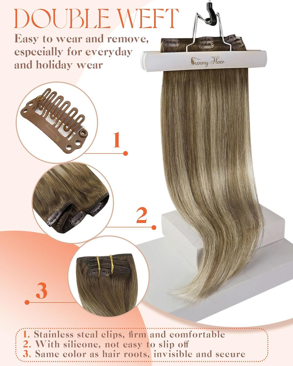 imageSunny Hair Clip in Hair Extensions Real Human Hair 120g Remy Hair Clip in Extensions for Women Human Hair Extensions Black Ombre Brown Balayage Caramel Blonde 24 InchA7 Balayage6606Chestnut Brown Mix
