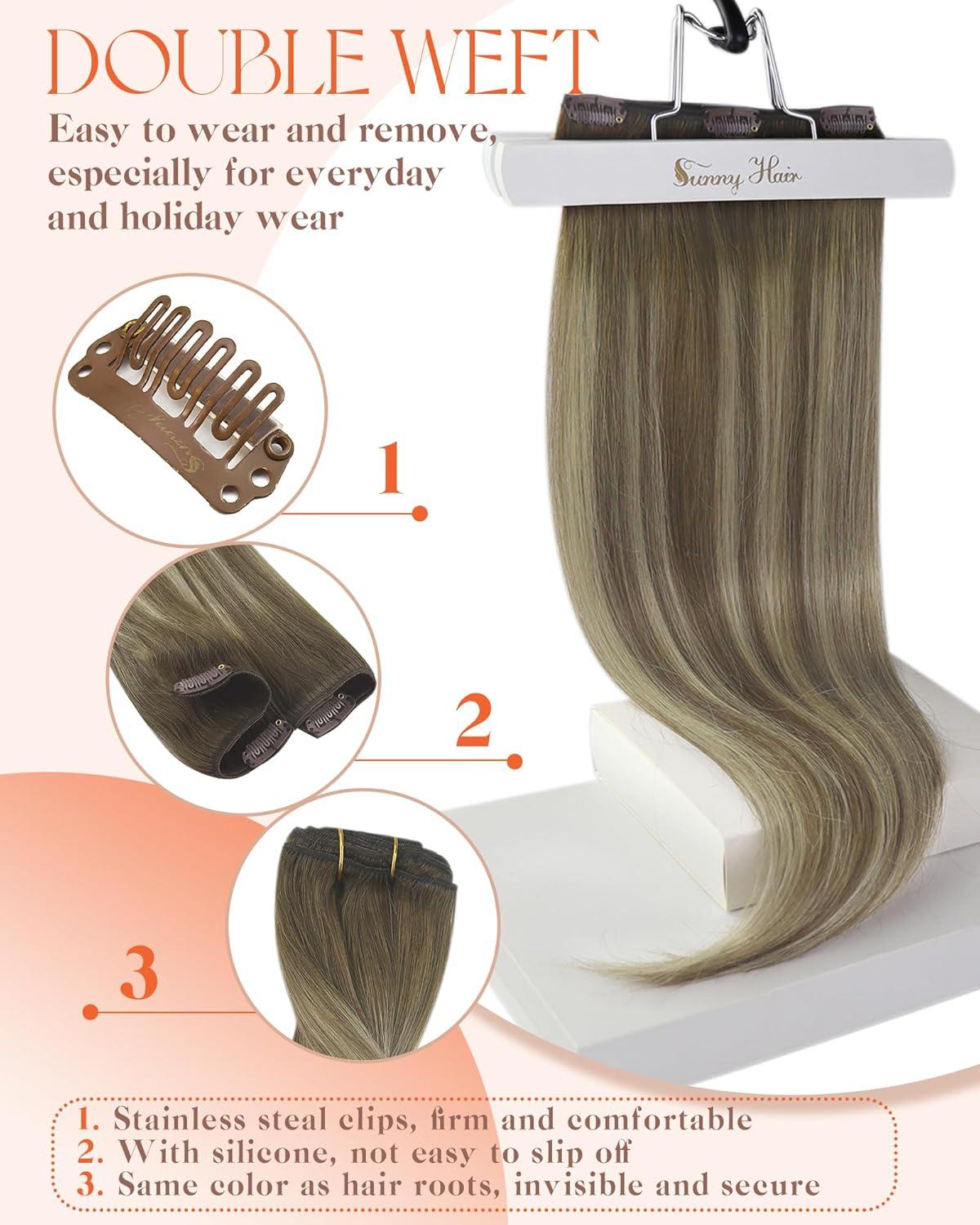 imageSunny Hair Clip in Hair Extensions Real Human Hair 120g Remy Hair Clip in Extensions for Women Human Hair Extensions Black Ombre Brown Balayage Caramel Blonde 24 InchA7 Balayage3822Walnut Brown Mix