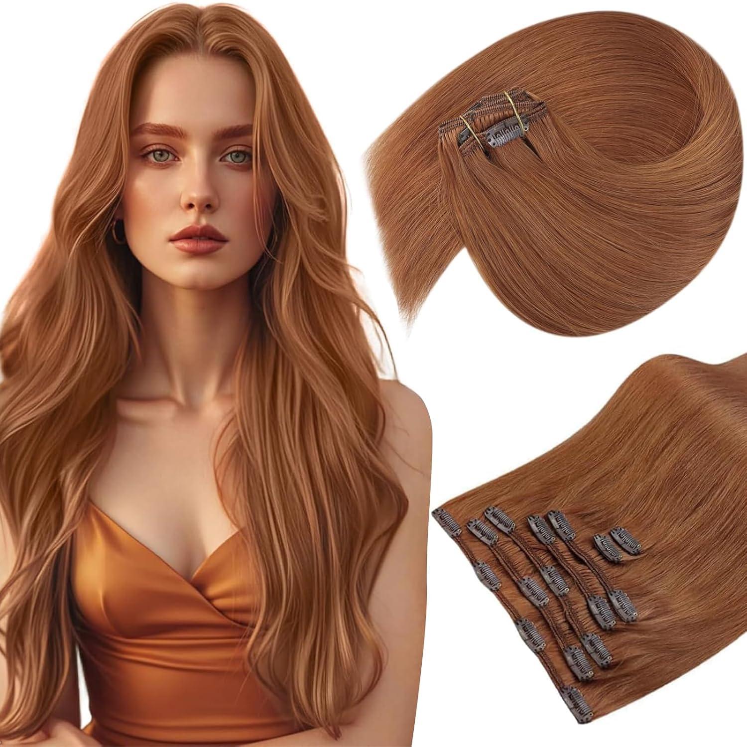 imageSunny Hair Clip in Hair Extensions Real Human Hair 120g Remy Hair Clip in Extensions for Women Human Hair Extensions Black Ombre Brown Balayage Caramel Blonde 24 InchA6 350Ginger