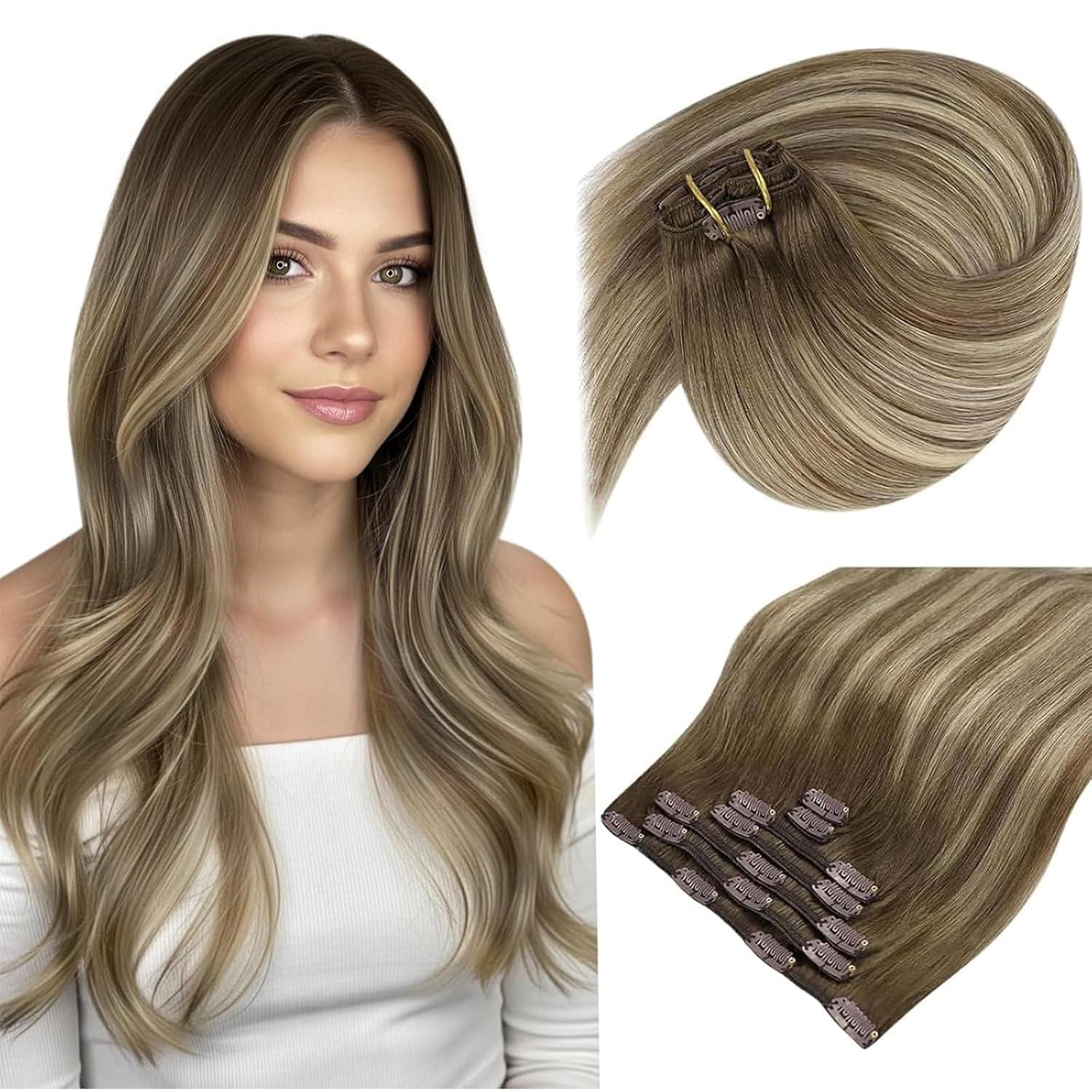 imageSunny Hair Clip in Hair Extensions Real Human Hair 120g Remy Hair Clip in Extensions for Women Human Hair Extensions Black Ombre Brown Balayage Caramel Blonde 24 InchA7 Balayage3822Walnut Brown Mix