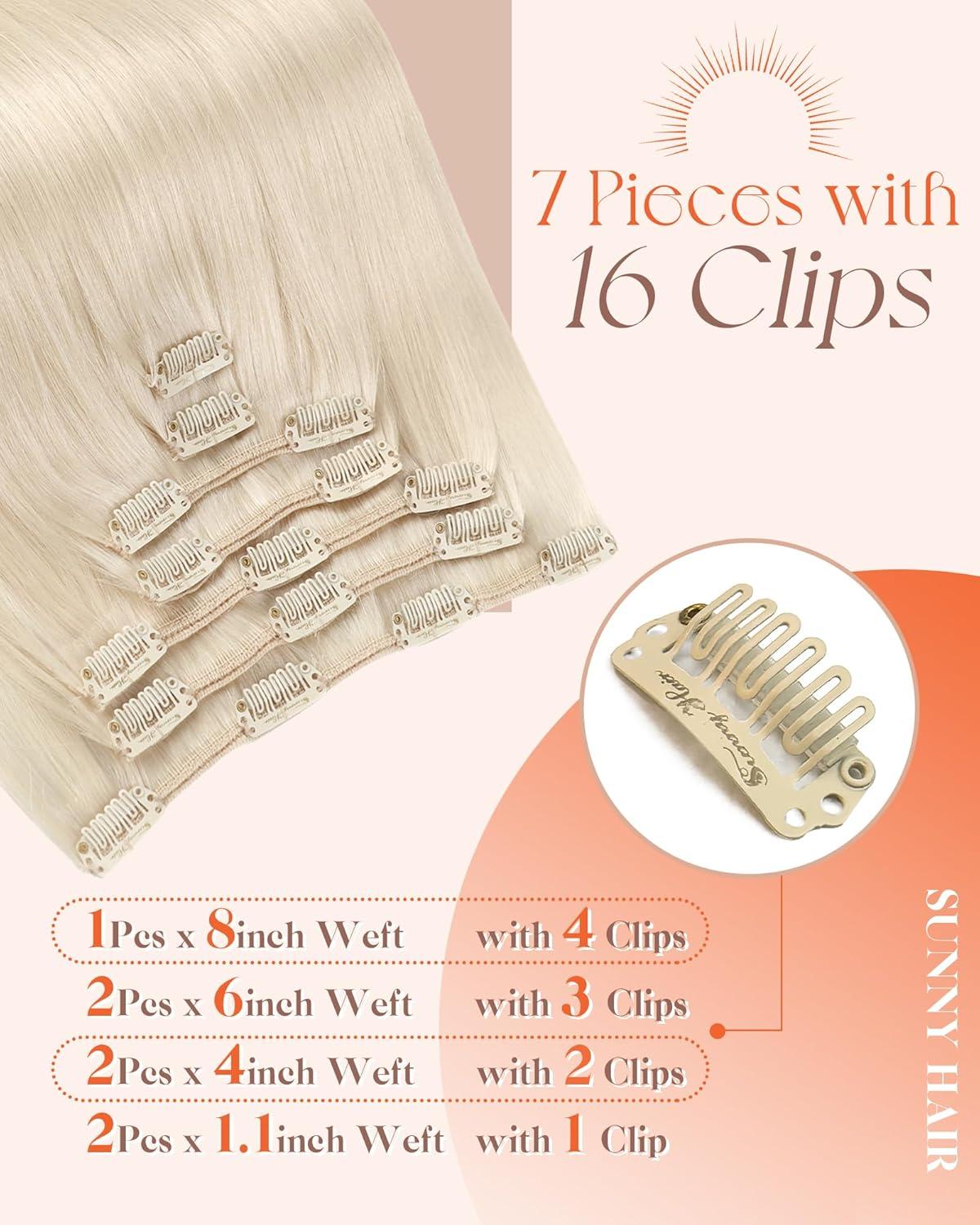 imageSunny Hair Clip in Hair Extensions Real Human Hair 120g Remy Hair Clip in Extensions for Women Human Hair Extensions Black Ombre Brown Balayage Caramel Blonde 24 InchA8 60Platinum Blonde