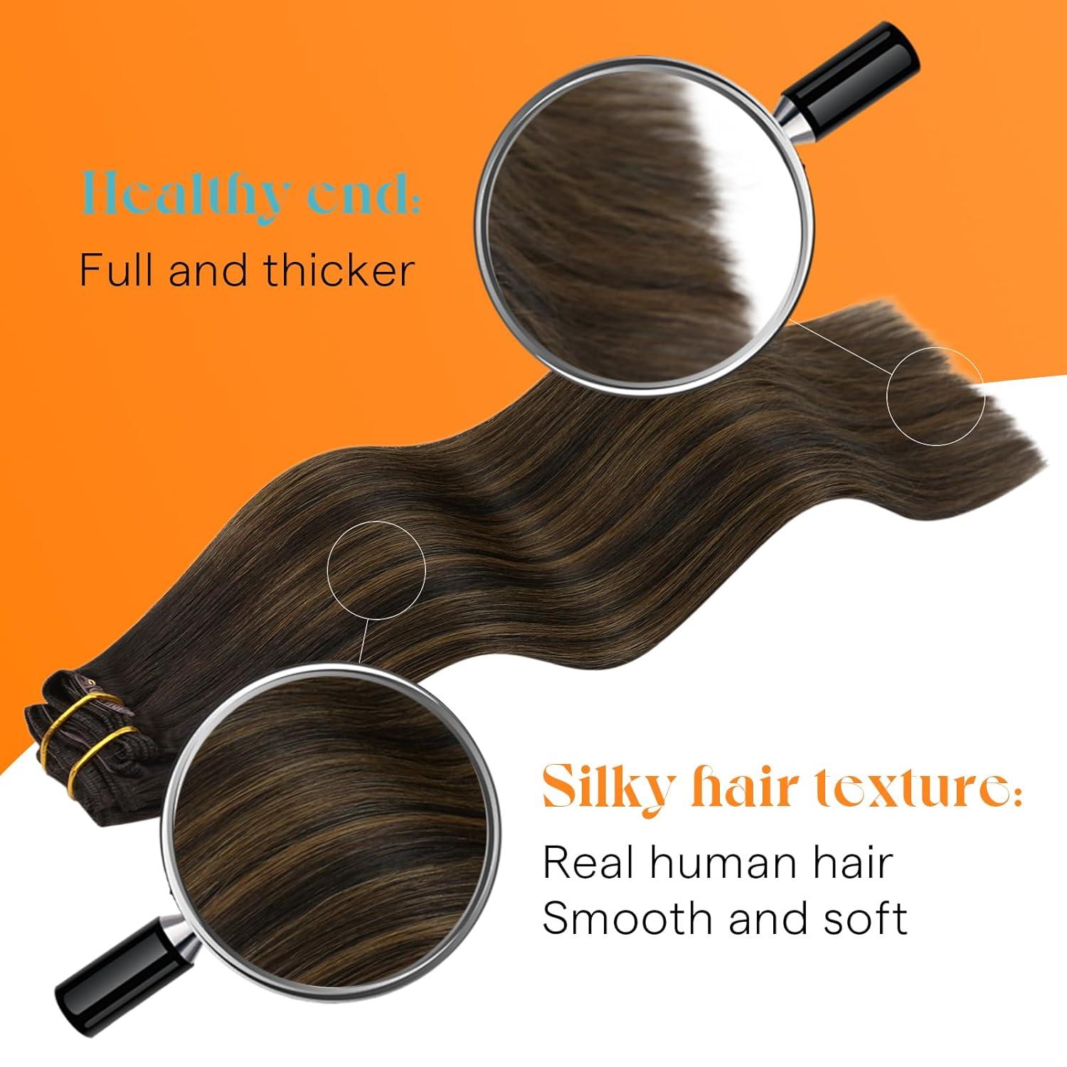 imageSunny Hair Clip in Hair Extensions Real Human Hair 120g Remy Hair Clip in Extensions for Women Human Hair Extensions Black Ombre Brown Balayage Caramel Blonde 24 InchA5 Balayage262Dark Brown Mix