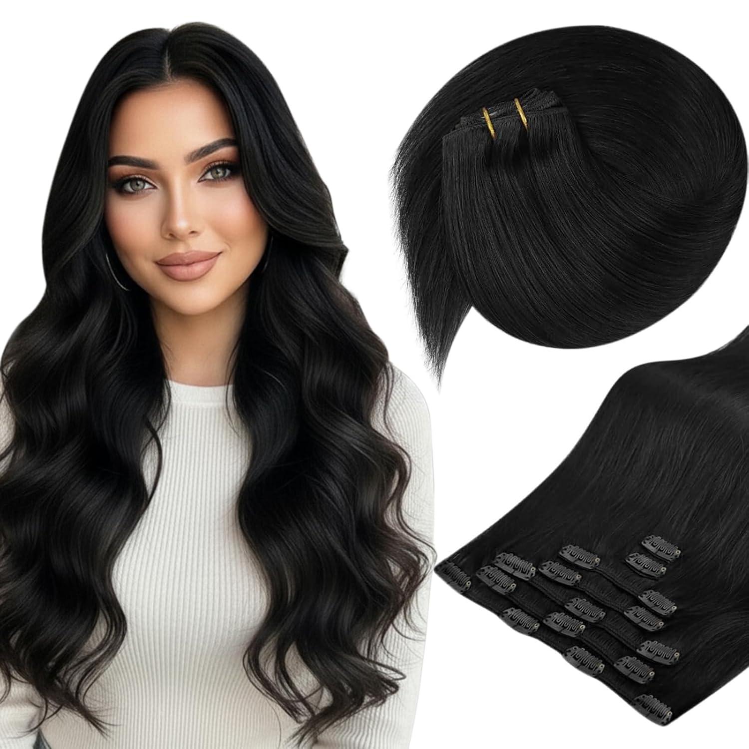 imageSunny Hair Clip in Hair Extensions Real Human Hair 120g Remy Hair Clip in Extensions for Women Human Hair Extensions Black Ombre Brown Balayage Caramel Blonde 24 InchA4 1BNatural Black