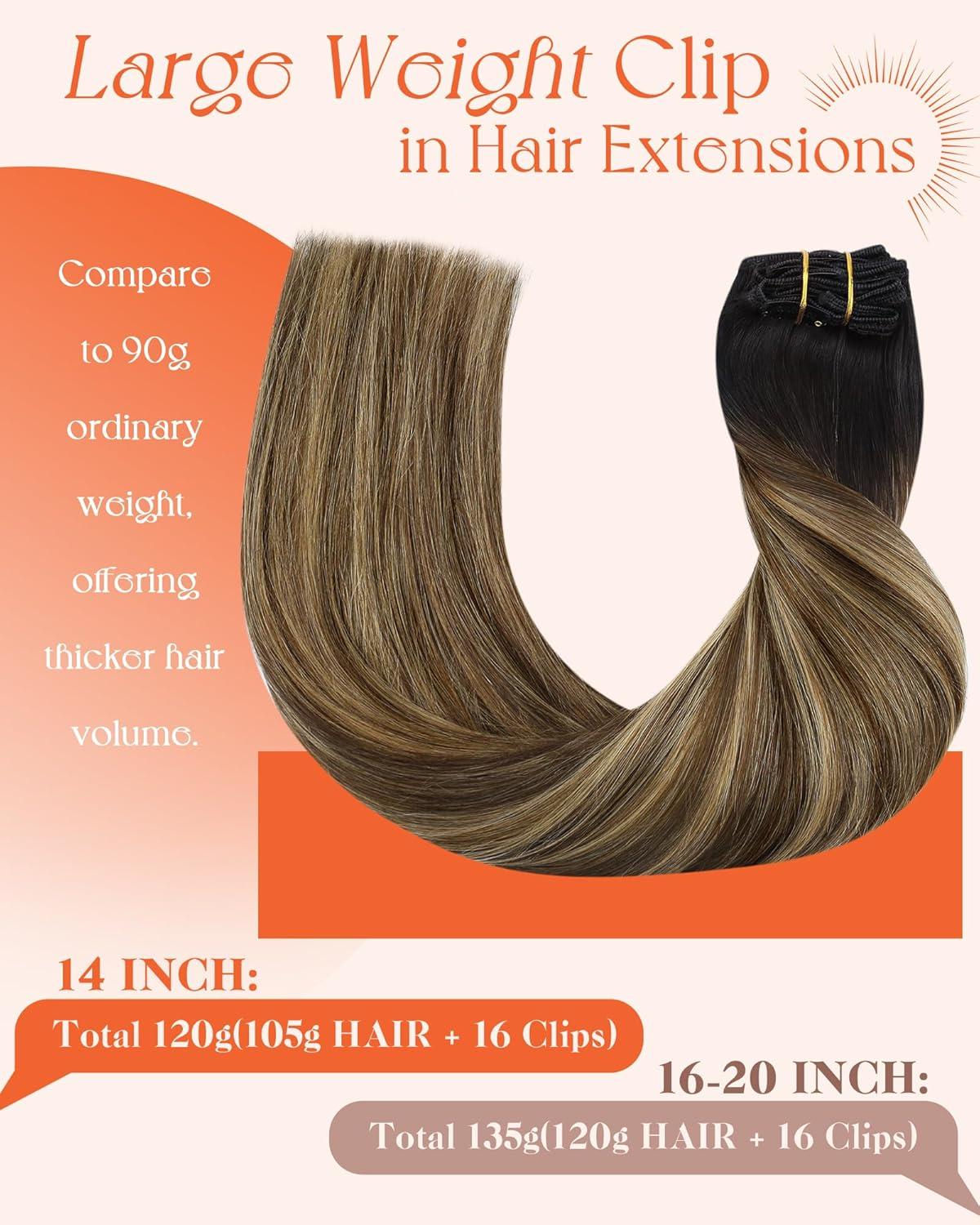 imageSunny Hair Clip in Hair Extensions Real Human Hair 120g Remy Hair Clip in Extensions for Women Human Hair Extensions Black Ombre Brown Balayage Caramel Blonde 24 InchA4 Ombre1B427Black Roots to Brown