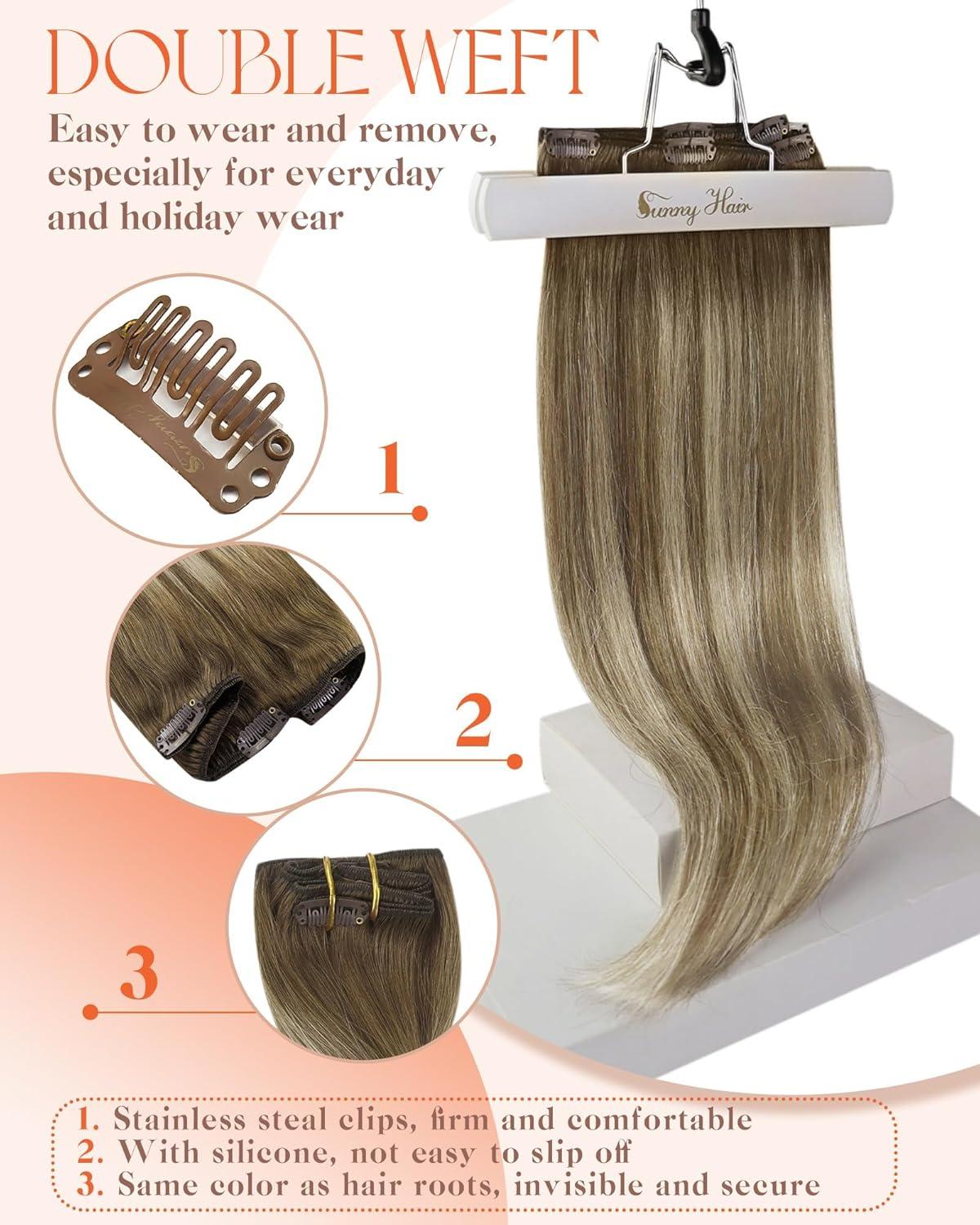 imageSunny Hair Clip in Hair Extensions Real Human Hair 120g Remy Hair Clip in Extensions for Women Human Hair Extensions Black Ombre Brown Balayage Caramel Blonde 24 InchA7 Balayage6606Chestnut Brown Mix