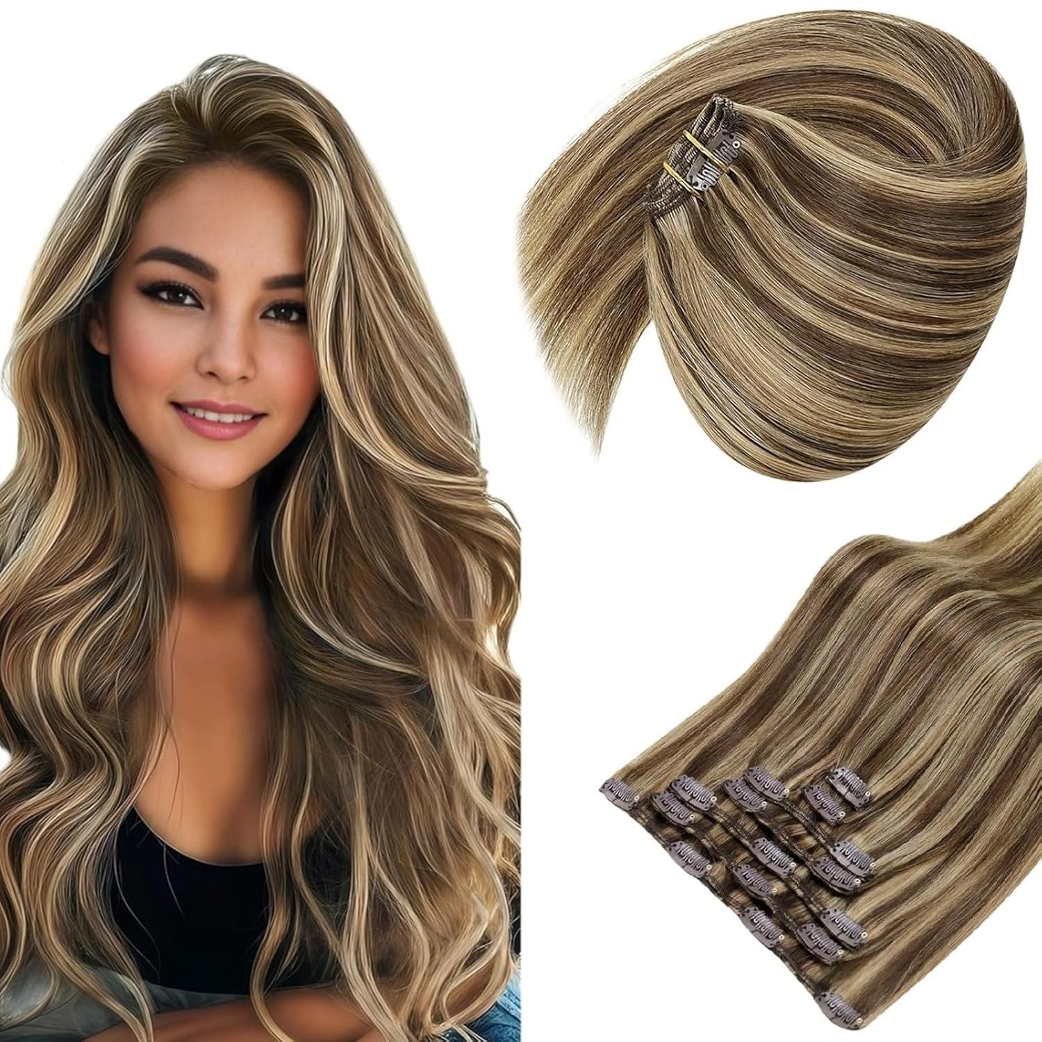 imageSunny Hair Clip in Hair Extensions Real Human Hair 120g Remy Hair Clip in Extensions for Women Human Hair Extensions Black Ombre Brown Balayage Caramel Blonde 24 InchA9 BrownP427Chocolate Brown Highlight