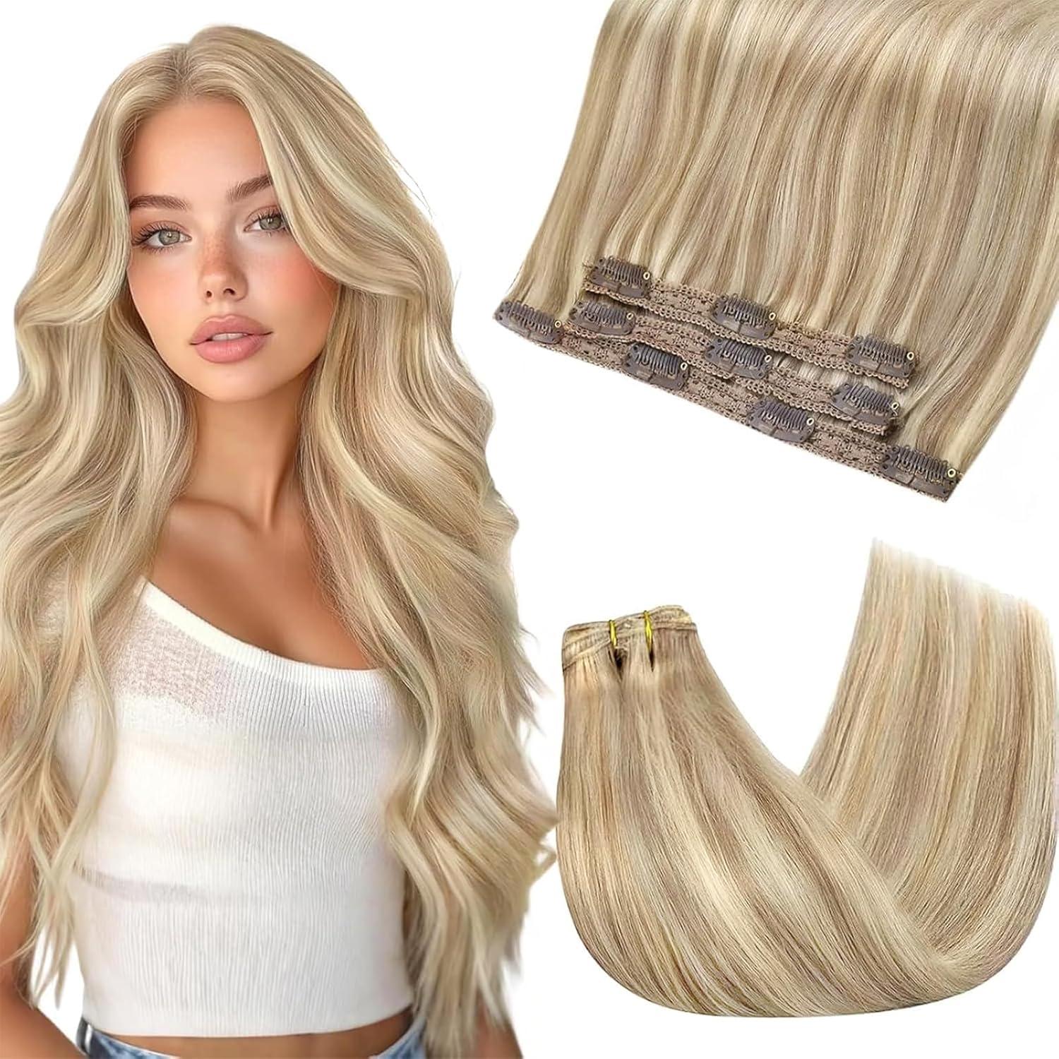 imageSunny Hair Clip in Hair Extensions Real Human Hair 120g Remy Hair Clip in Extensions for Women Human Hair Extensions Black Ombre Brown Balayage Caramel Blonde 24 InchA2 BlondeP18613Blonde Highlight