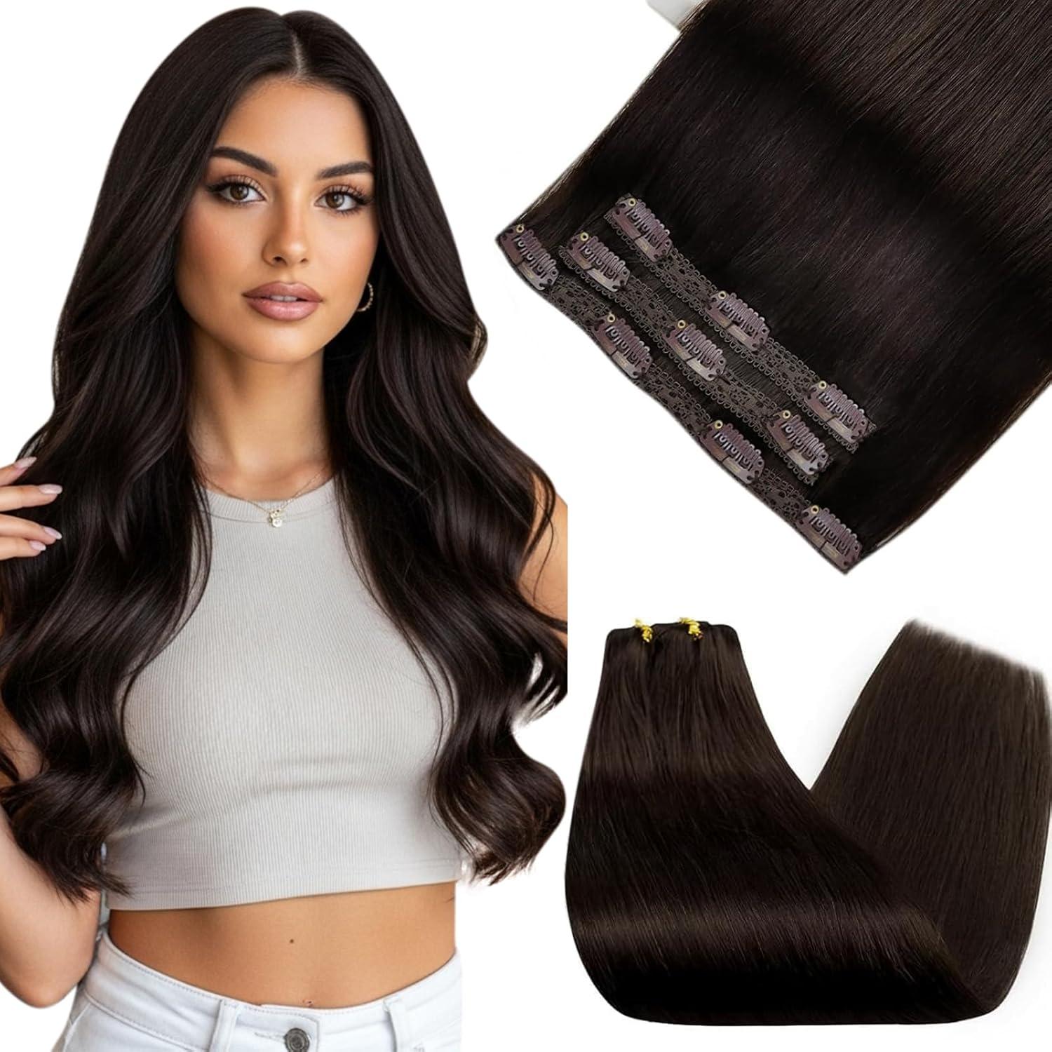 imageSunny Hair Clip in Hair Extensions Real Human Hair 120g Remy Hair Clip in Extensions for Women Human Hair Extensions Black Ombre Brown Balayage Caramel Blonde 24 InchA5 2Dark Brown