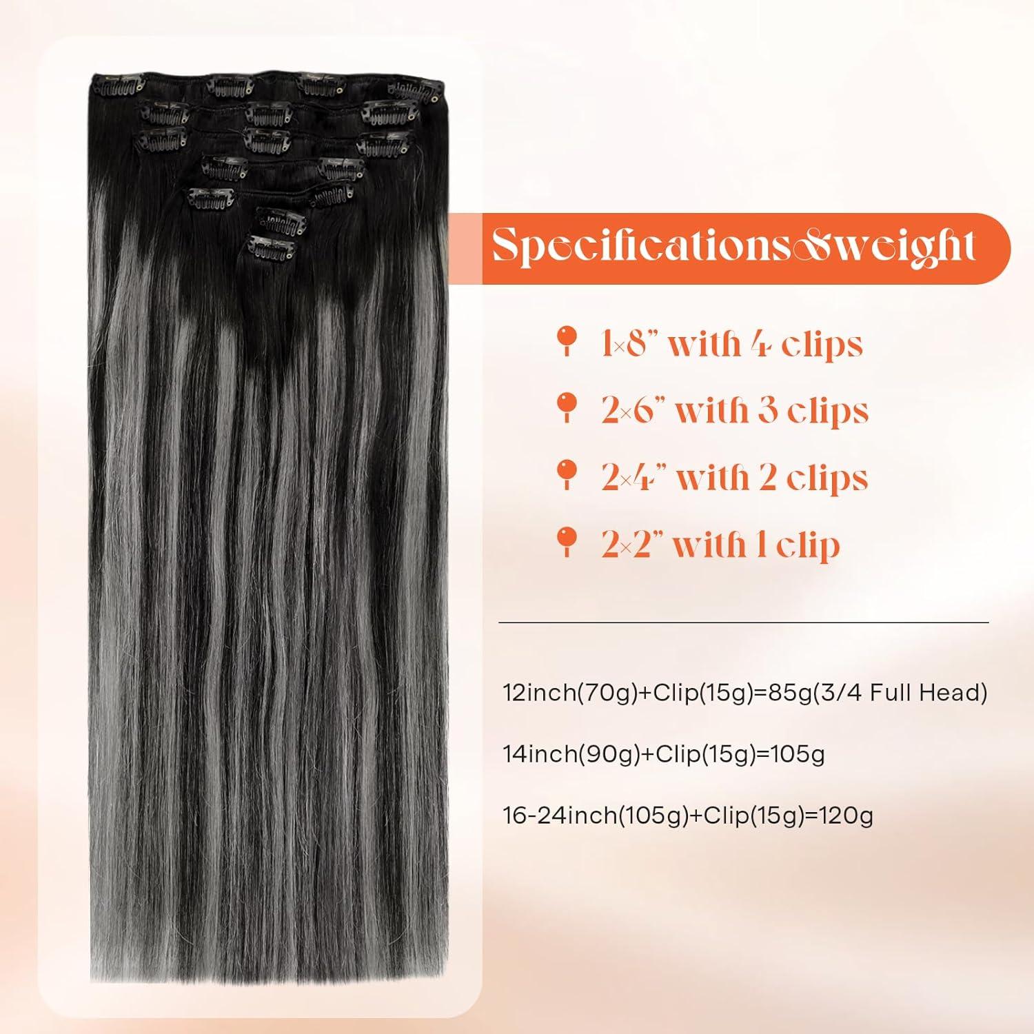 imageSunny Hair Clip in Hair Extensions Real Human Hair 120g Remy Hair Clip in Extensions for Women Human Hair Extensions Black Ombre Brown Balayage Caramel Blonde 24 InchA4 Ombre1BSilverBlack Roots to Silver