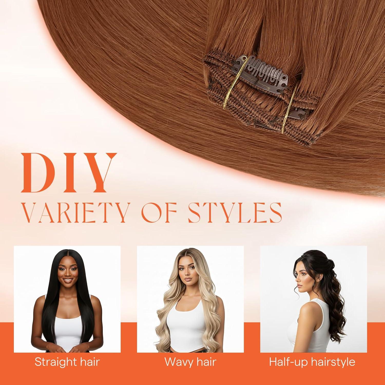 imageSunny Hair Clip in Hair Extensions Real Human Hair 120g Remy Hair Clip in Extensions for Women Human Hair Extensions Black Ombre Brown Balayage Caramel Blonde 24 InchA6 350Ginger
