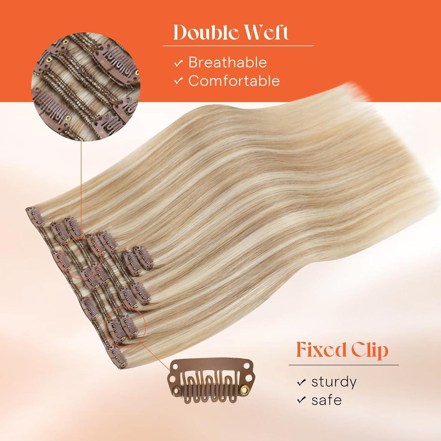 imageSunny Hair Clip in Hair Extensions Real Human Hair 120g Remy Hair Clip in Extensions for Women Human Hair Extensions Black Ombre Brown Balayage Caramel Blonde 24 InchA2 BlondeP18613Blonde Highlight