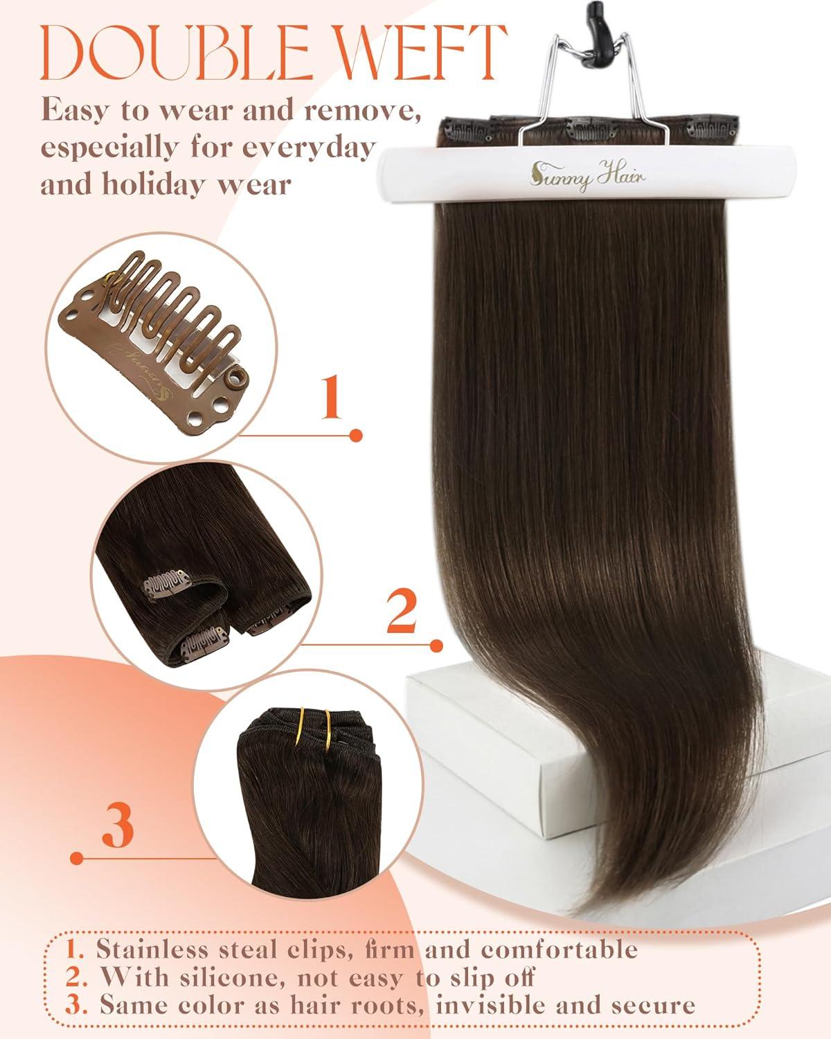 imageSunny Hair Clip in Hair Extensions Real Human Hair 120g Remy Hair Clip in Extensions for Women Human Hair Extensions Black Ombre Brown Balayage Caramel Blonde 24 InchA5 4Chocolate Brown