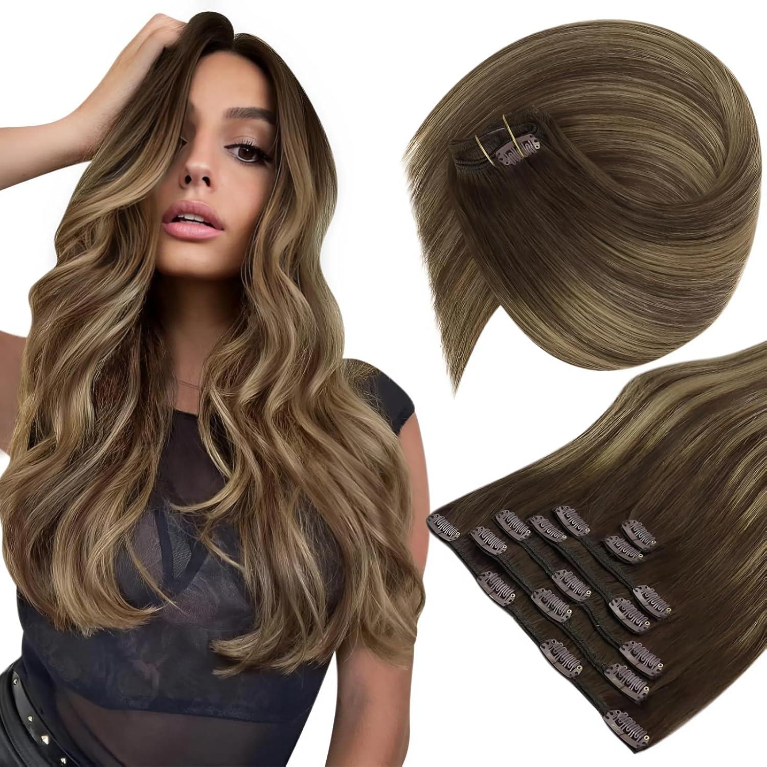 imageSunny Hair Clip in Hair Extensions Real Human Hair 120g Remy Hair Clip in Extensions for Women Human Hair Extensions Black Ombre Brown Balayage Caramel Blonde 24 InchA7 Balayage4274Chocolate Brown Mix