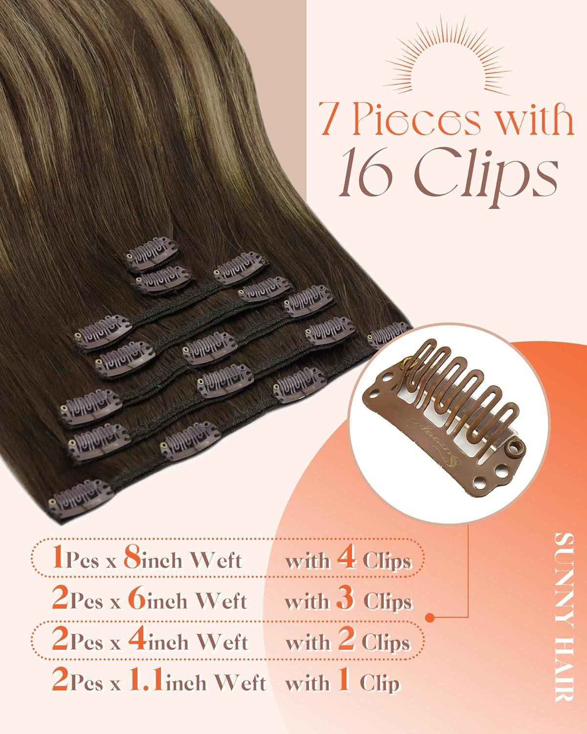 imageSunny Hair Clip in Hair Extensions Real Human Hair 120g Remy Hair Clip in Extensions for Women Human Hair Extensions Black Ombre Brown Balayage Caramel Blonde 24 InchA7 Balayage4274Chocolate Brown Mix