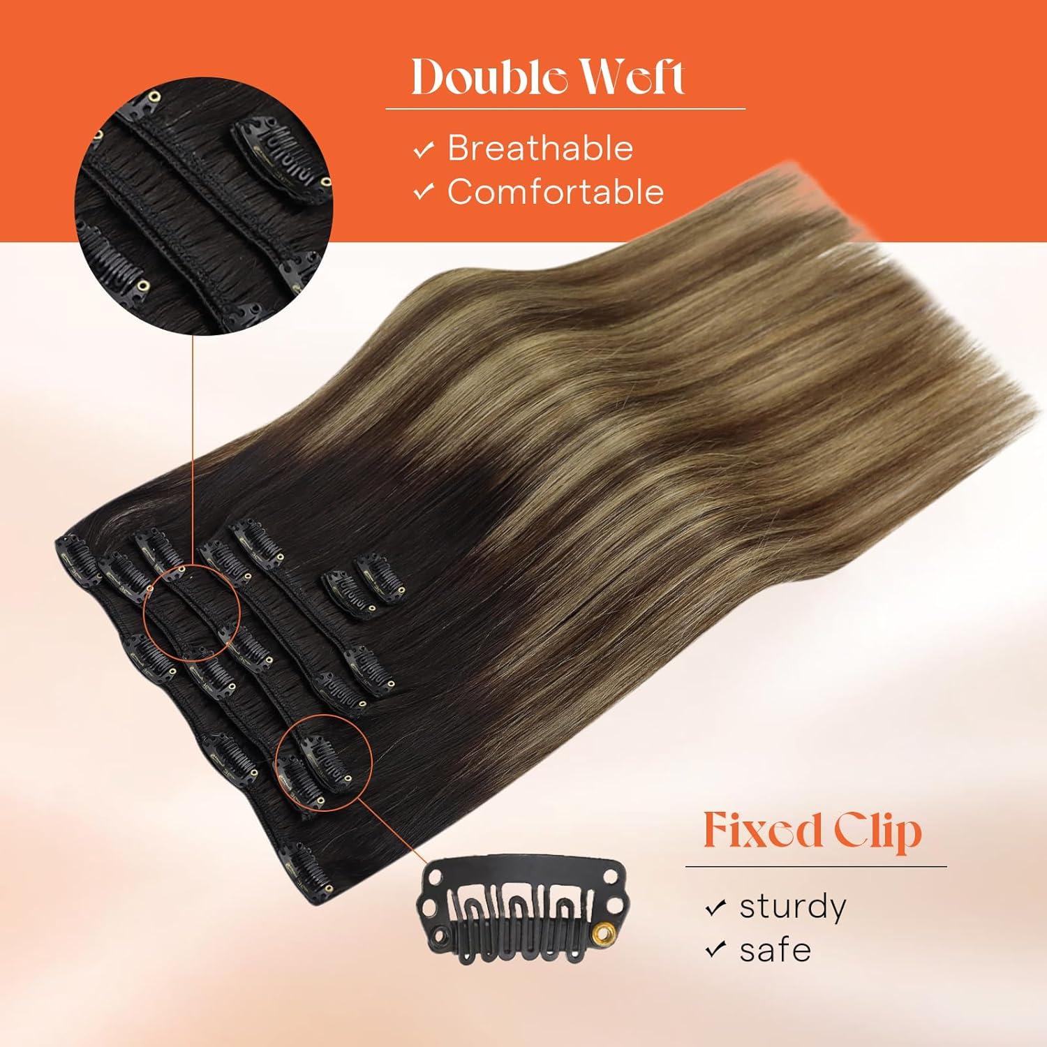 imageSunny Hair Clip in Hair Extensions Real Human Hair 120g Remy Hair Clip in Extensions for Women Human Hair Extensions Black Ombre Brown Balayage Caramel Blonde 24 InchA4 Ombre1B427Black Roots to Brown