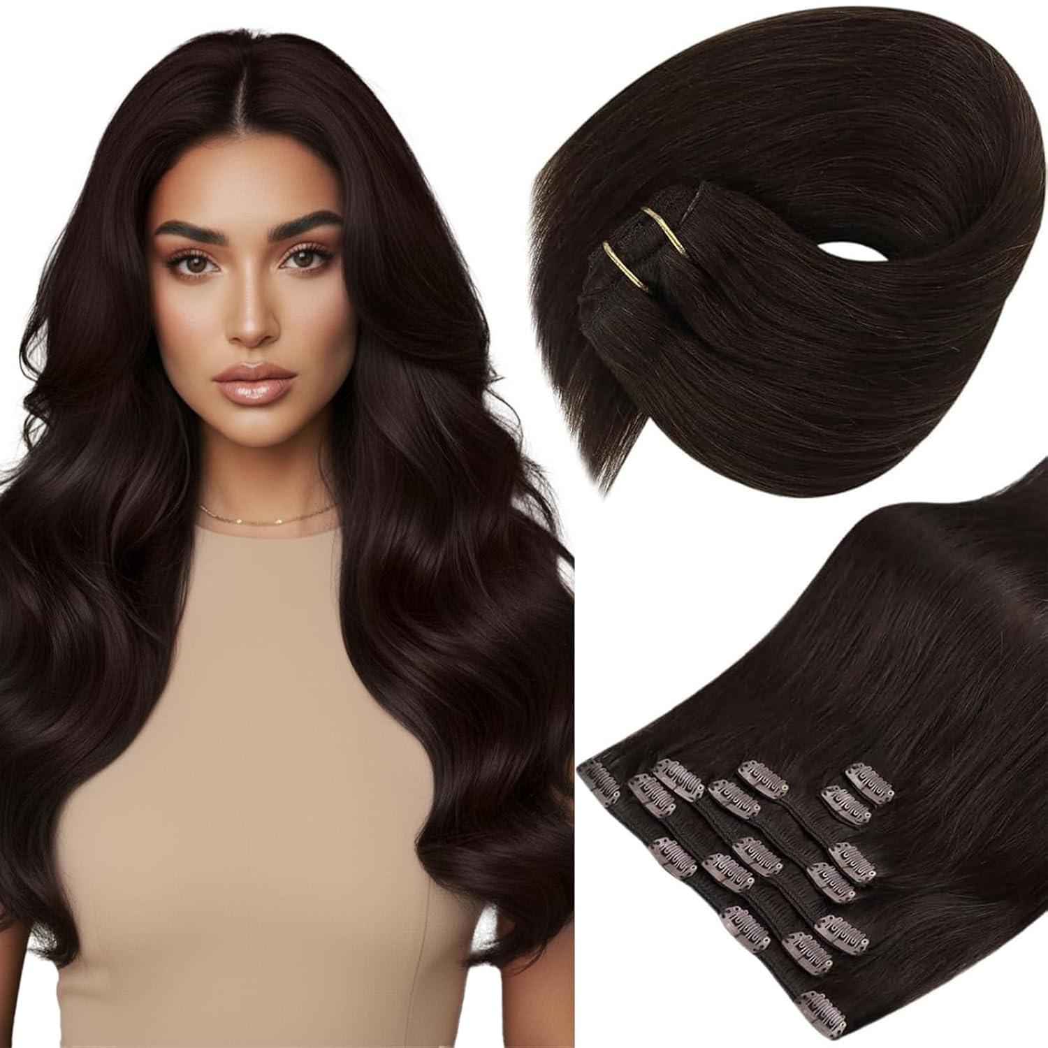 imageSunny Hair Clip in Hair Extensions Real Human Hair 120g Remy Hair Clip in Extensions for Women Human Hair Extensions Black Ombre Brown Balayage Caramel Blonde 24 InchA5 2Dark Brown