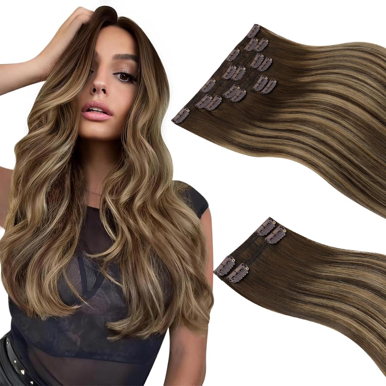 imageSunny Hair Clip in Hair Extensions Real Human Hair 120g Remy Hair Clip in Extensions for Women Human Hair Extensions Black Ombre Brown Balayage Caramel Blonde 24 InchA7 Balayage4274Chocolate Brown Mix