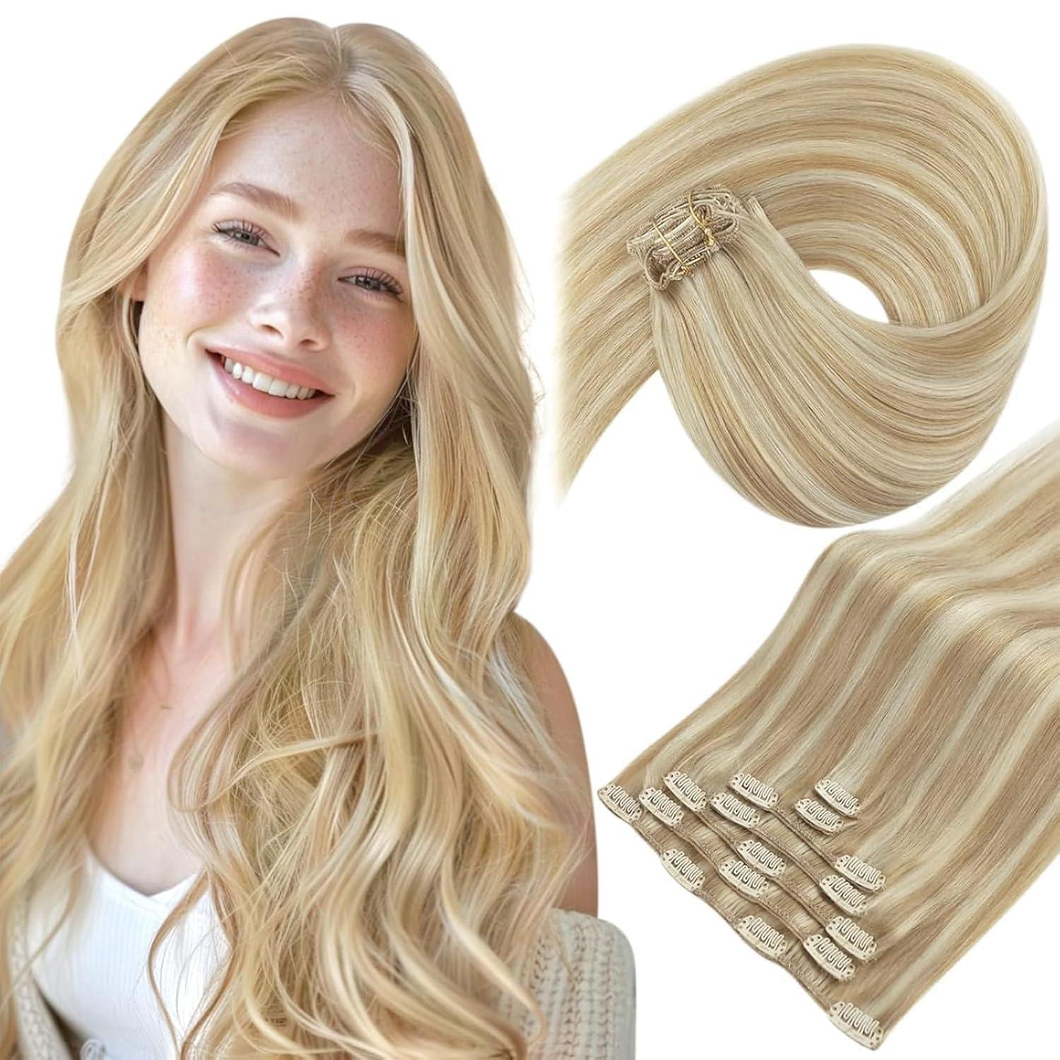 imageSunny Hair Clip in Hair Extensions Real Human Hair 120g Remy Hair Clip in Extensions for Women Human Hair Extensions Black Ombre Brown Balayage Caramel Blonde 24 InchA2 BlondeP27613Honey Blonde Highlight