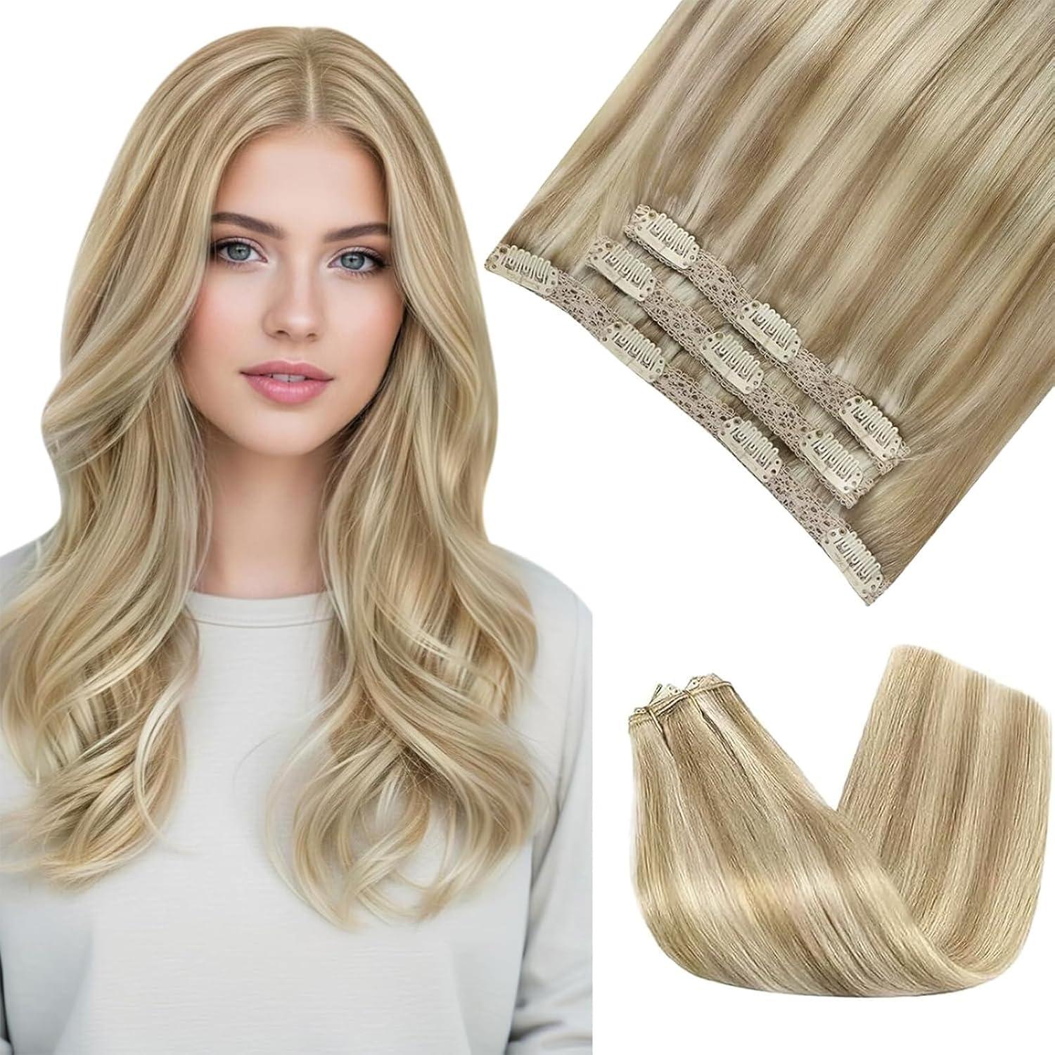 imageSunny Hair Clip in Hair Extensions Real Human Hair 120g Remy Hair Clip in Extensions for Women Human Hair Extensions Black Ombre Brown Balayage Caramel Blonde 24 InchA1 P1622Golden Blonde Highlights