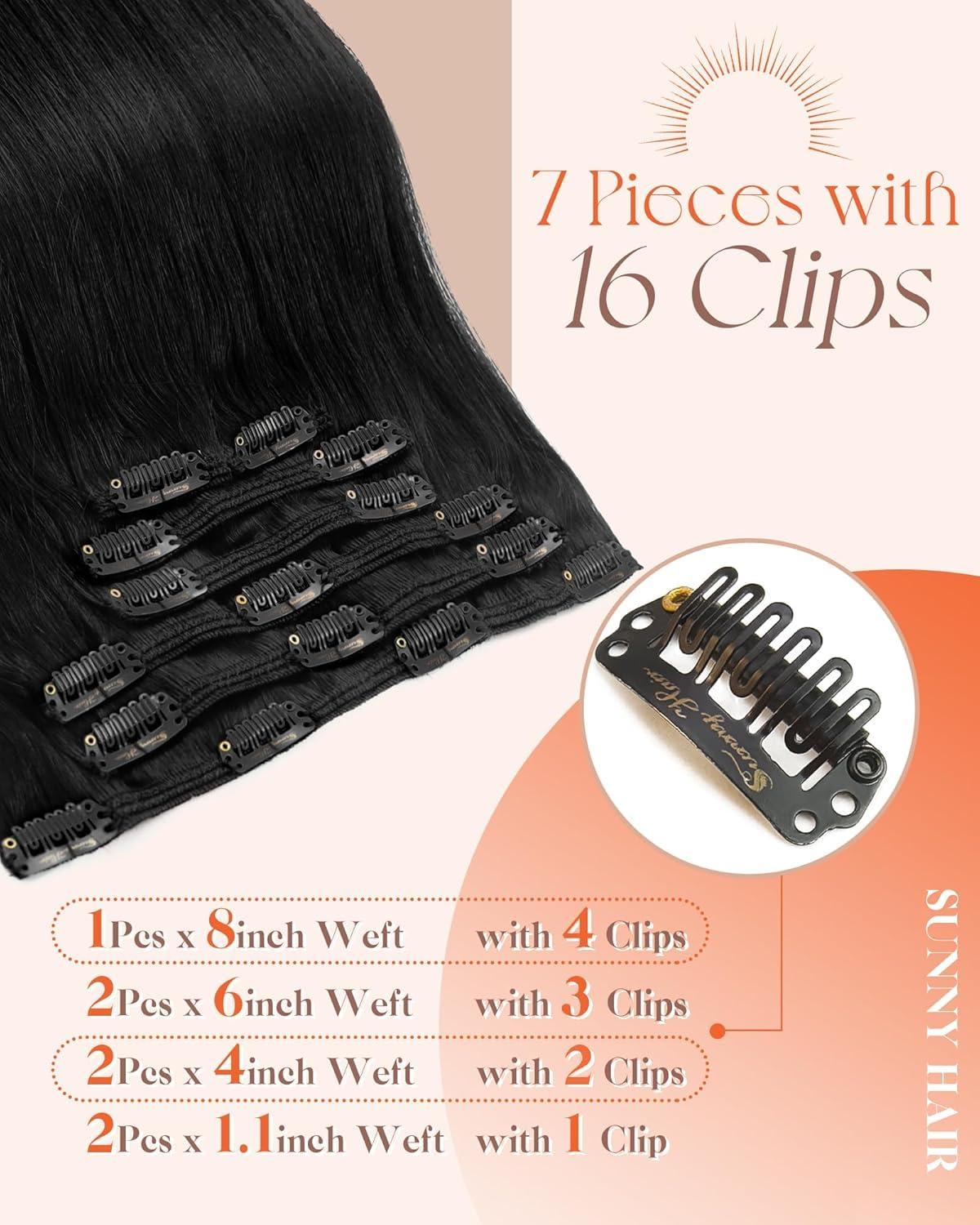 imageSunny Hair Clip in Hair Extensions Real Human Hair 120g Remy Hair Clip in Extensions for Women Human Hair Extensions Black Ombre Brown Balayage Caramel Blonde 24 InchA3 1Jet Black