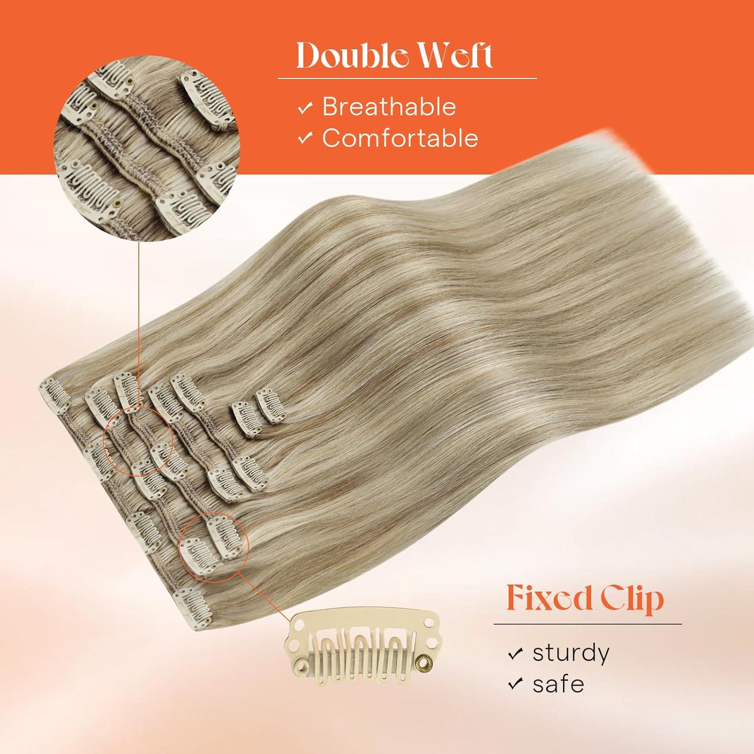 imageSunny Hair Clip in Hair Extensions Real Human Hair 120g Remy Hair Clip in Extensions for Women Human Hair Extensions Black Ombre Brown Balayage Caramel Blonde 24 InchA1 P1622Golden Blonde Highlights