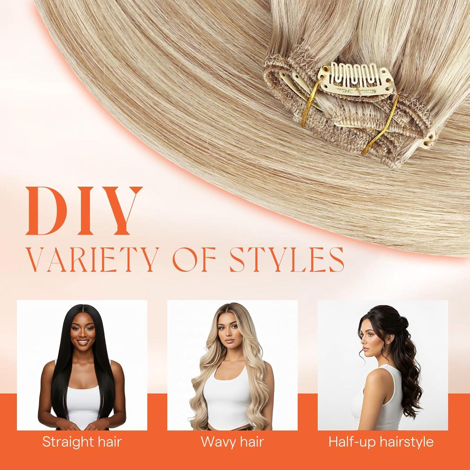 imageSunny Hair Clip in Hair Extensions Real Human Hair 120g Remy Hair Clip in Extensions for Women Human Hair Extensions Black Ombre Brown Balayage Caramel Blonde 24 InchA2 BlondeP18613Blonde Highlight