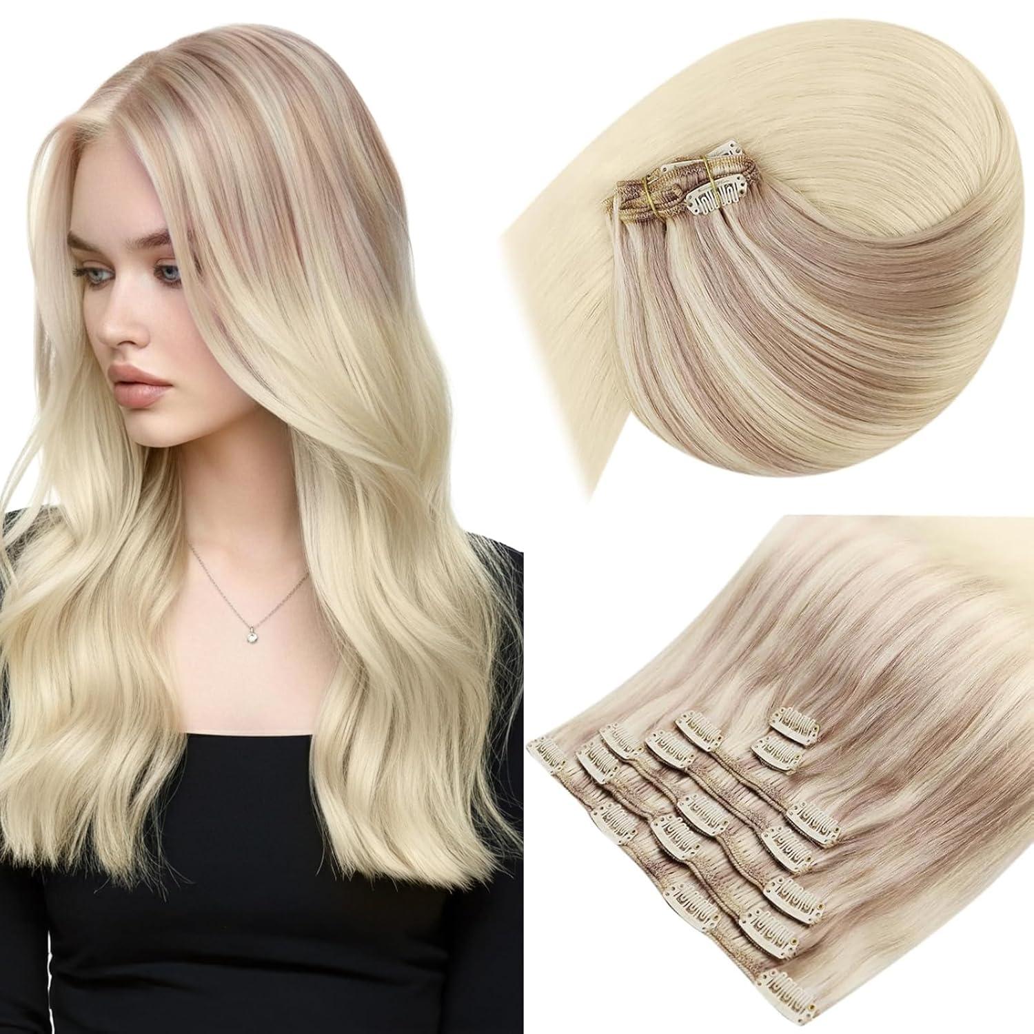 imageSunny Hair Clip in Hair Extensions Real Human Hair 120g Remy Hair Clip in Extensions for Women Human Hair Extensions Black Ombre Brown Balayage Caramel Blonde 24 InchA8 Ombre182260Nordic Ash Blonde Mix
