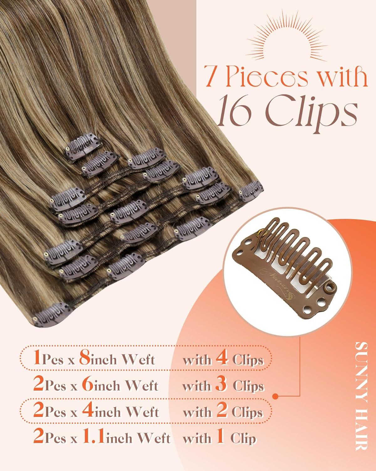 imageSunny Hair Clip in Hair Extensions Real Human Hair 120g Remy Hair Clip in Extensions for Women Human Hair Extensions Black Ombre Brown Balayage Caramel Blonde 24 InchA9 BrownP427Chocolate Brown Highlight