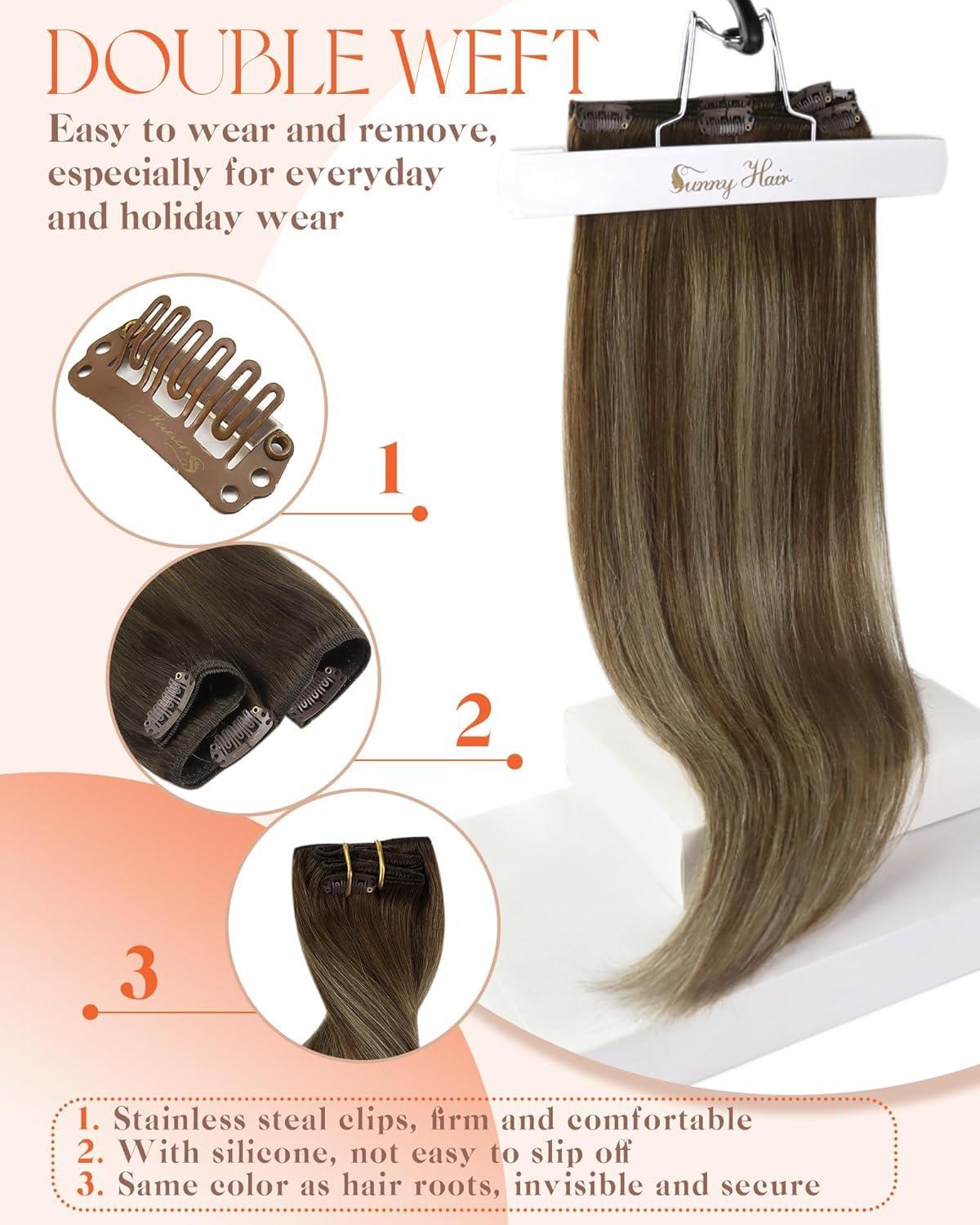 imageSunny Hair Clip in Hair Extensions Real Human Hair 120g Remy Hair Clip in Extensions for Women Human Hair Extensions Black Ombre Brown Balayage Caramel Blonde 24 InchA7 Balayage4274Chocolate Brown Mix