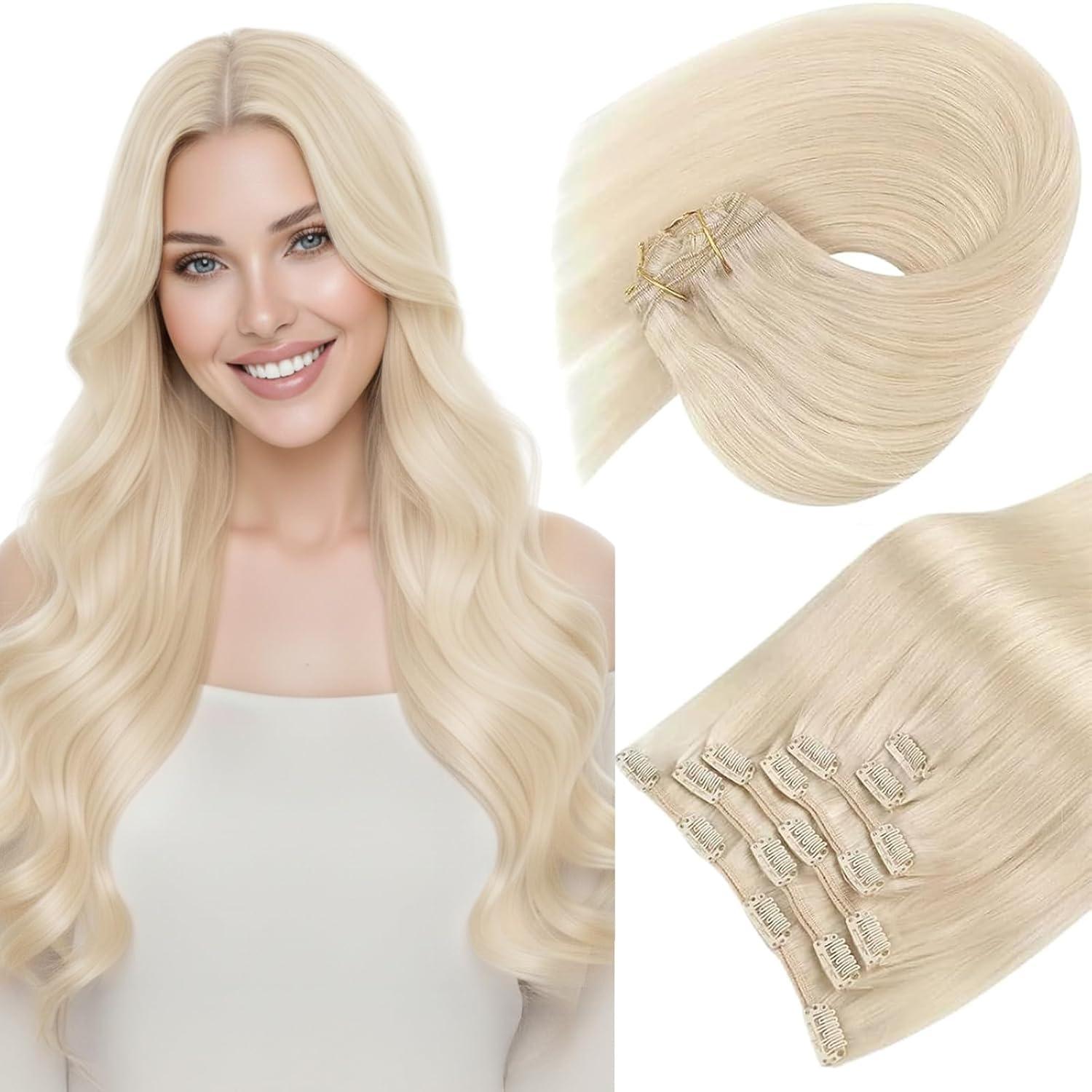 imageSunny Hair Clip in Hair Extensions Real Human Hair 120g Remy Hair Clip in Extensions for Women Human Hair Extensions Black Ombre Brown Balayage Caramel Blonde 24 InchA8 60Platinum Blonde