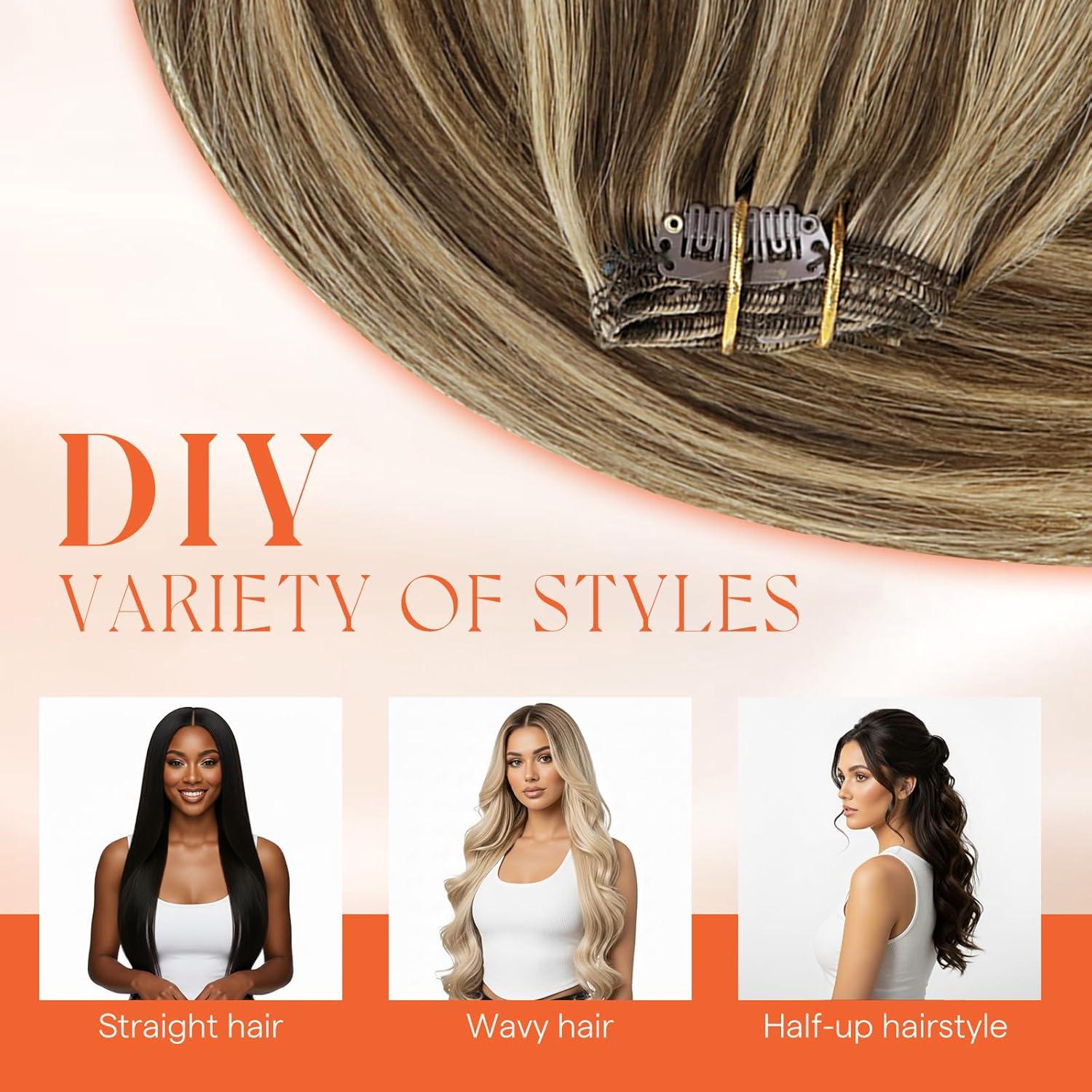 imageSunny Hair Clip in Hair Extensions Real Human Hair 120g Remy Hair Clip in Extensions for Women Human Hair Extensions Black Ombre Brown Balayage Caramel Blonde 24 InchA9 BrownP427Chocolate Brown Highlight