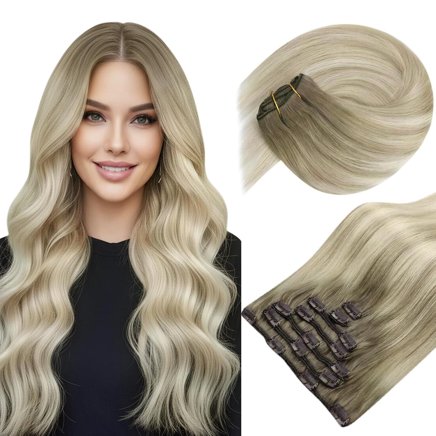 imageSunny Hair Clip in Hair Extensions Real Human Hair 120g Remy Hair Clip in Extensions for Women Human Hair Extensions Black Ombre Brown Balayage Caramel Blonde 24 InchA8 Balayage186060ACool Blonde Mix