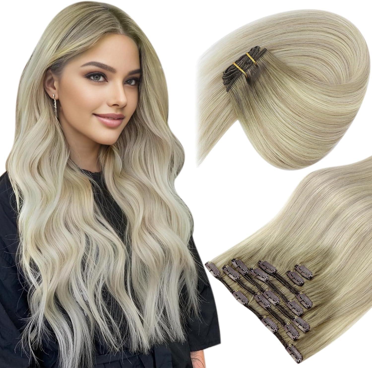 imageSunny Hair Clip in Hair Extensions Real Human Hair 120g Remy Hair Clip in Extensions for Women Human Hair Extensions Black Ombre Brown Balayage Caramel Blonde 24 InchA8 Balayage186060ACool Blonde Mix