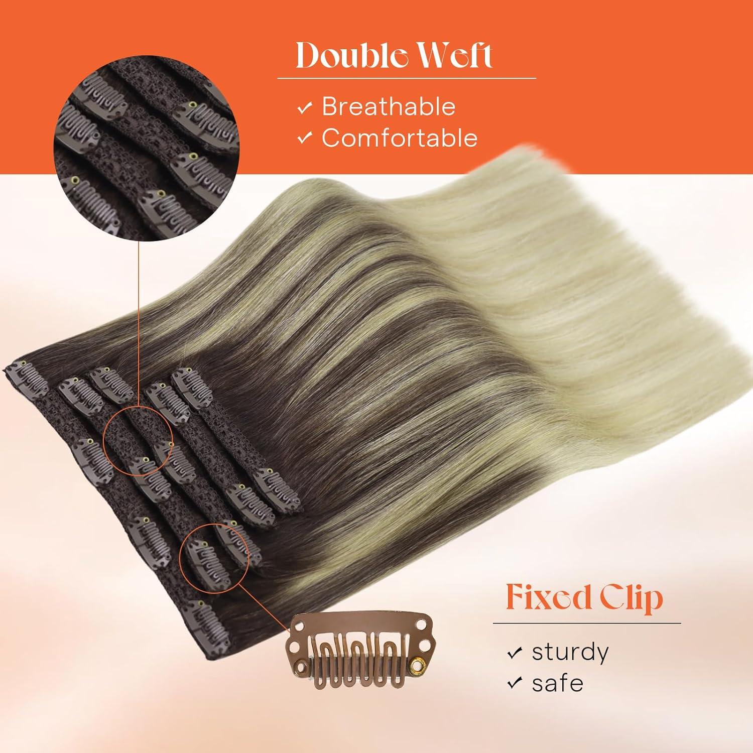imageSunny Hair Clip in Hair Extensions Real Human Hair 120g Remy Hair Clip in Extensions for Women Human Hair Extensions Black Ombre Brown Balayage Caramel Blonde 24 InchA8 Ombre41460Brown Roots Blonde Balayage