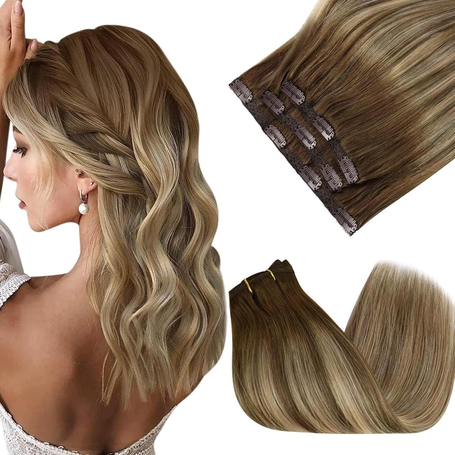 imageSunny Hair Clip in Hair Extensions Real Human Hair 120g Remy Hair Clip in Extensions for Women Human Hair Extensions Black Ombre Brown Balayage Caramel Blonde 24 InchA7 Balayage6606Chestnut Brown Mix