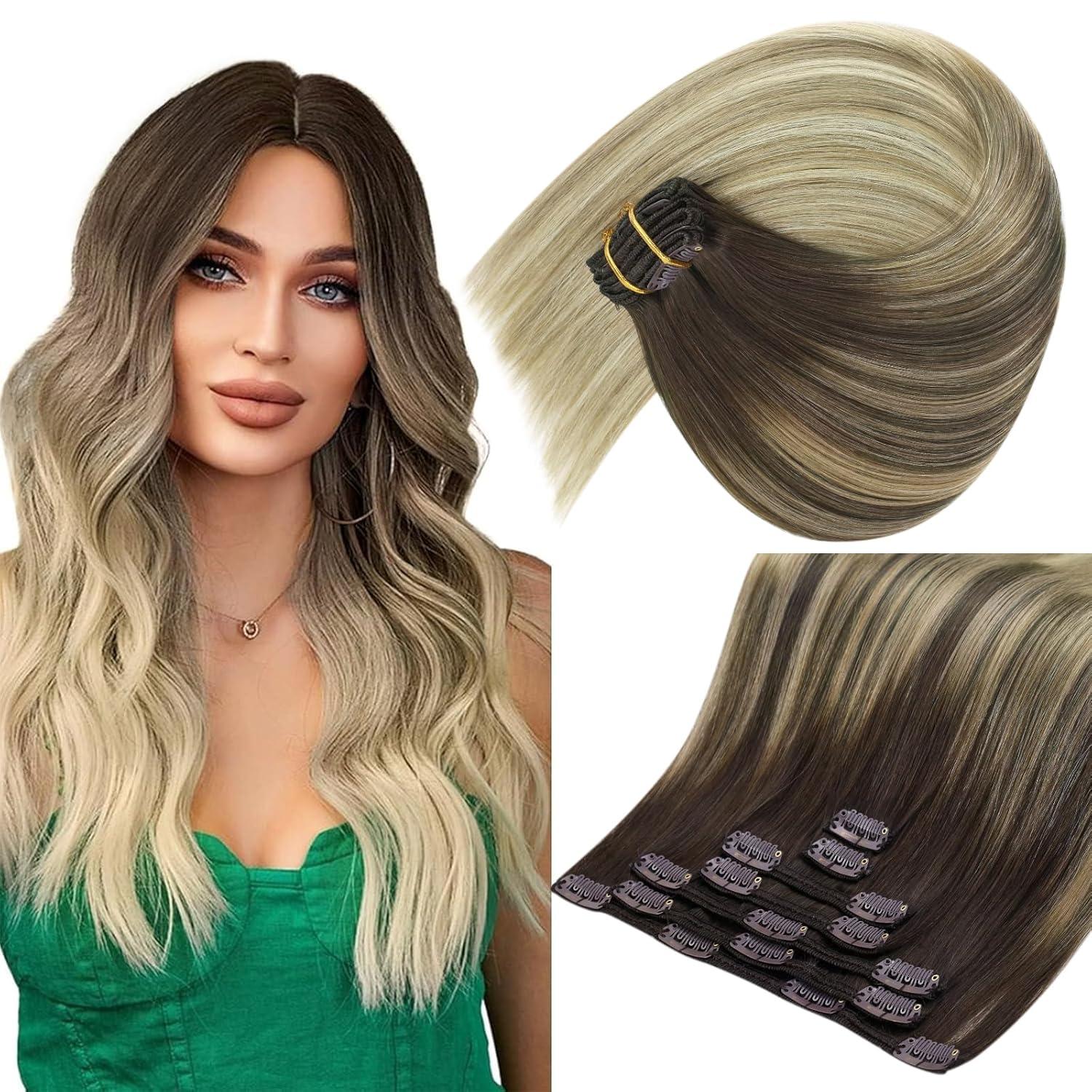 imageSunny Hair Clip in Hair Extensions Real Human Hair 120g Remy Hair Clip in Extensions for Women Human Hair Extensions Black Ombre Brown Balayage Caramel Blonde 24 InchA8 Ombre41460Brown Roots Blonde Balayage