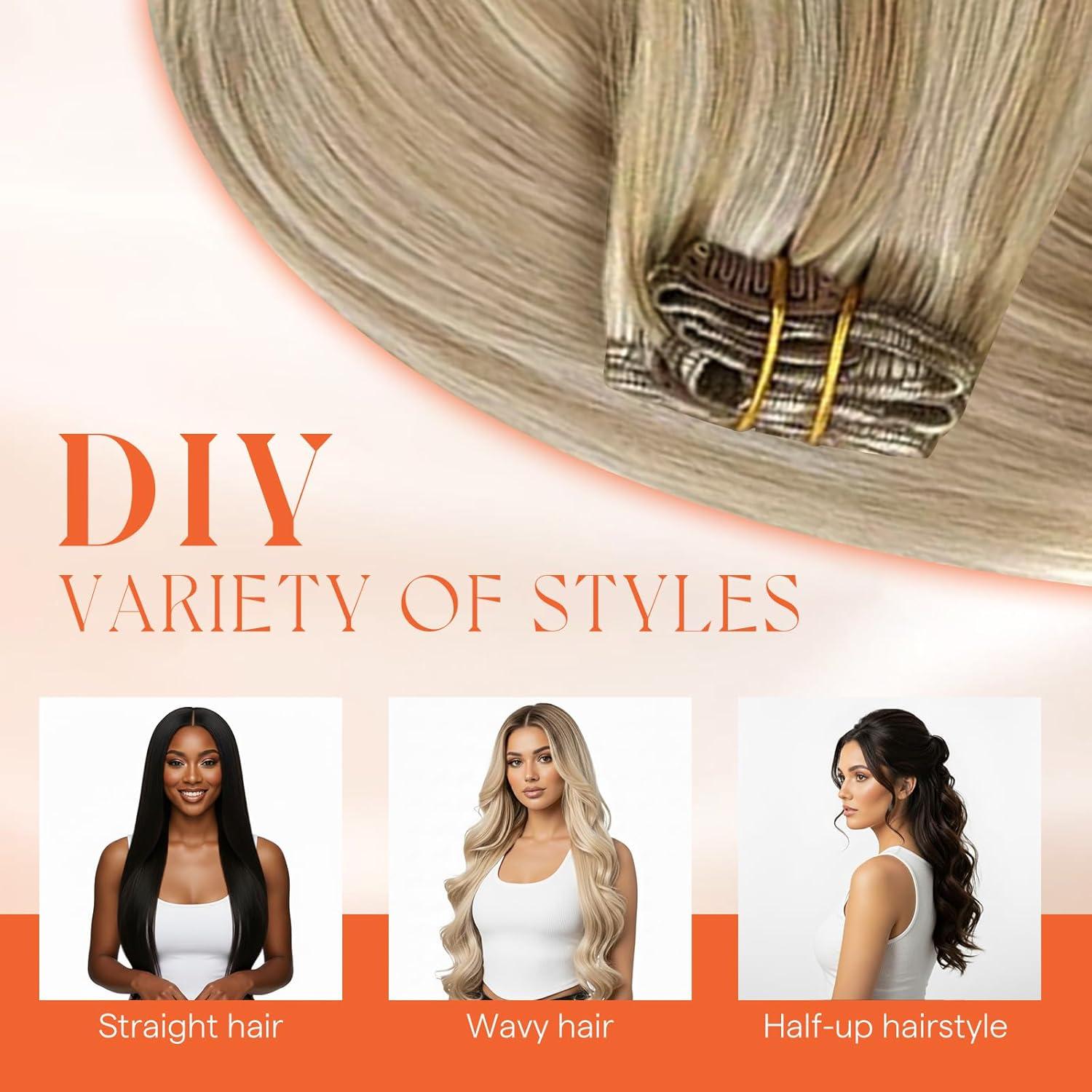 imageSunny Hair Clip in Hair Extensions Real Human Hair 120g Remy Hair Clip in Extensions for Women Human Hair Extensions Black Ombre Brown Balayage Caramel Blonde 24 InchA2 BlondeP1060Dark Golden Blonde Highlights