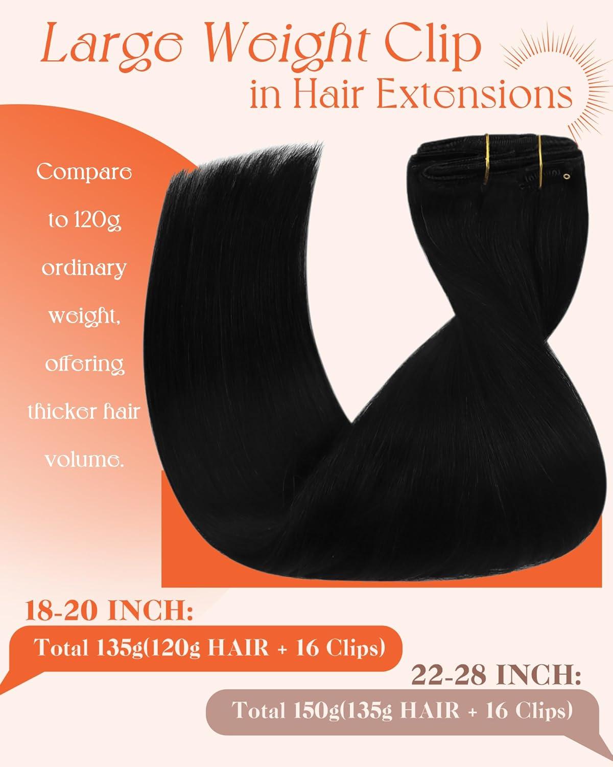 imageSunny Hair Clip in Hair Extensions Real Human Hair 120g Remy Hair Clip in Extensions for Women Human Hair Extensions Black Ombre Brown Balayage Caramel Blonde 24 InchA3 1Jet Black