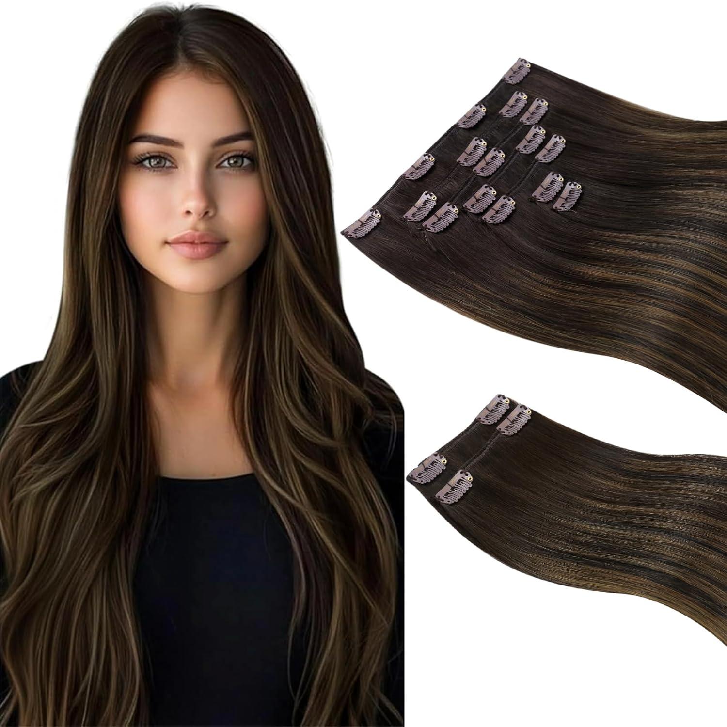 imageSunny Hair Clip in Hair Extensions Real Human Hair 120g Remy Hair Clip in Extensions for Women Human Hair Extensions Black Ombre Brown Balayage Caramel Blonde 24 InchA5 Balayage262Dark Brown Mix