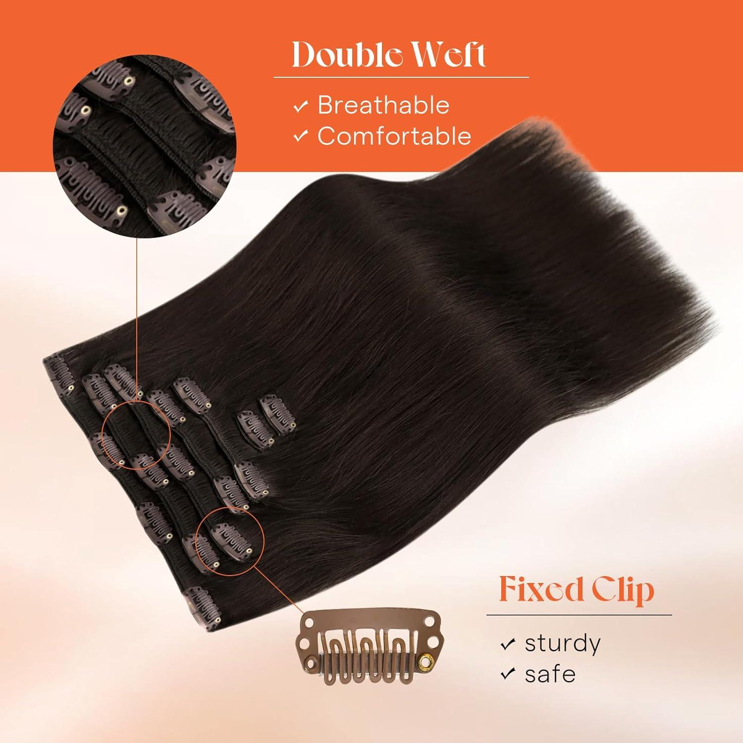 imageSunny Hair Clip in Hair Extensions Real Human Hair 120g Remy Hair Clip in Extensions for Women Human Hair Extensions Black Ombre Brown Balayage Caramel Blonde 24 InchA5 2Dark Brown
