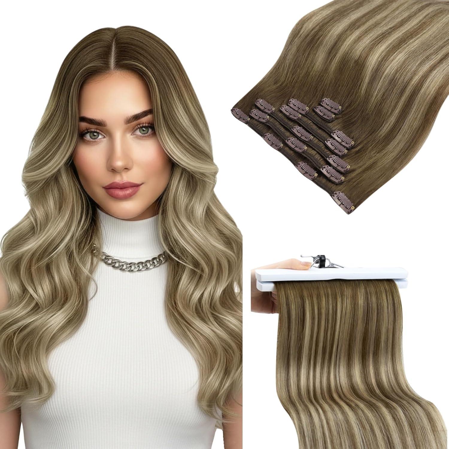 imageSunny Hair Clip in Hair Extensions Real Human Hair 120g Remy Hair Clip in Extensions for Women Human Hair Extensions Black Ombre Brown Balayage Caramel Blonde 24 InchA7 Balayage3822Walnut Brown Mix