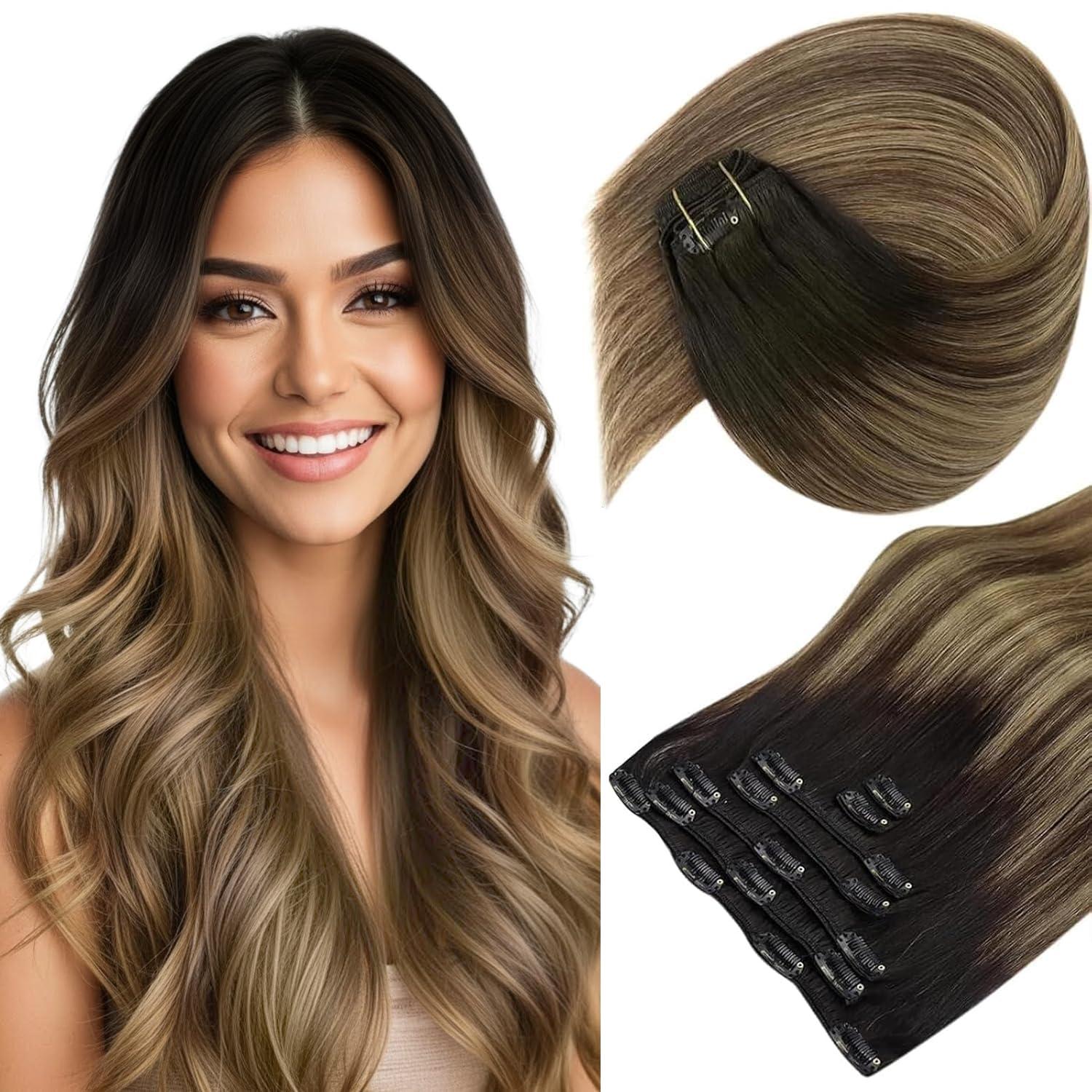 imageSunny Hair Clip in Hair Extensions Real Human Hair 120g Remy Hair Clip in Extensions for Women Human Hair Extensions Black Ombre Brown Balayage Caramel Blonde 24 InchA4 Ombre1B427Black Roots to Brown