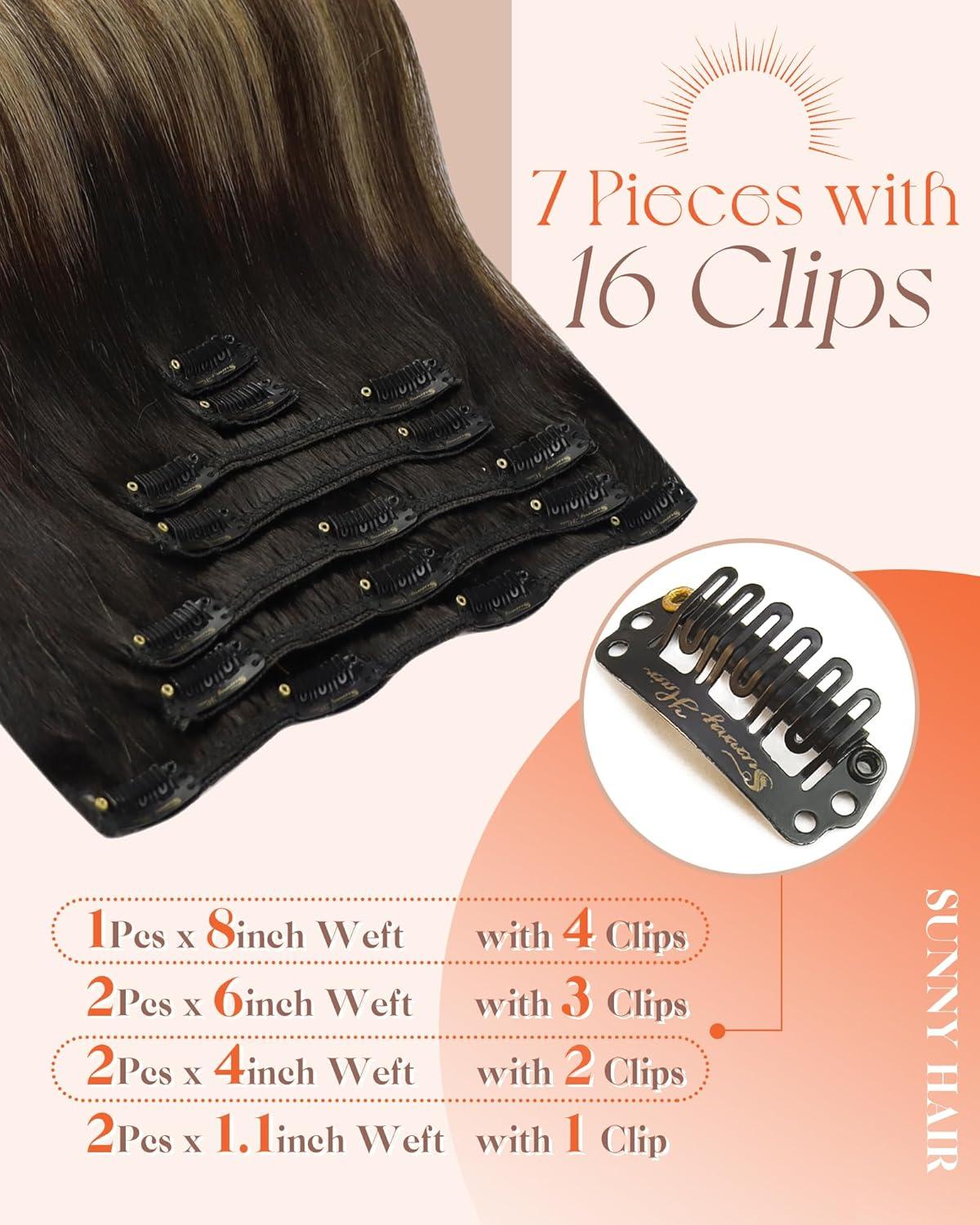 imageSunny Hair Clip in Hair Extensions Real Human Hair 120g Remy Hair Clip in Extensions for Women Human Hair Extensions Black Ombre Brown Balayage Caramel Blonde 24 InchA4 Ombre1B427Black Roots to Brown