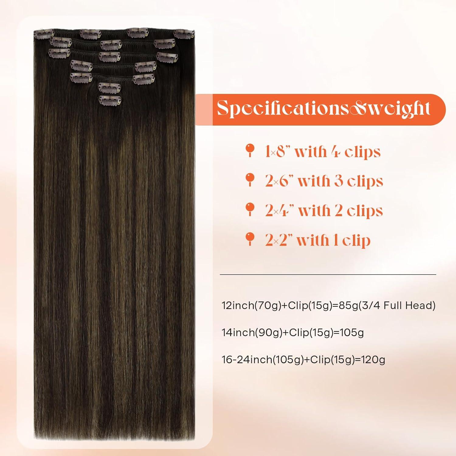 imageSunny Hair Clip in Hair Extensions Real Human Hair 120g Remy Hair Clip in Extensions for Women Human Hair Extensions Black Ombre Brown Balayage Caramel Blonde 24 InchA5 Balayage262Dark Brown Mix