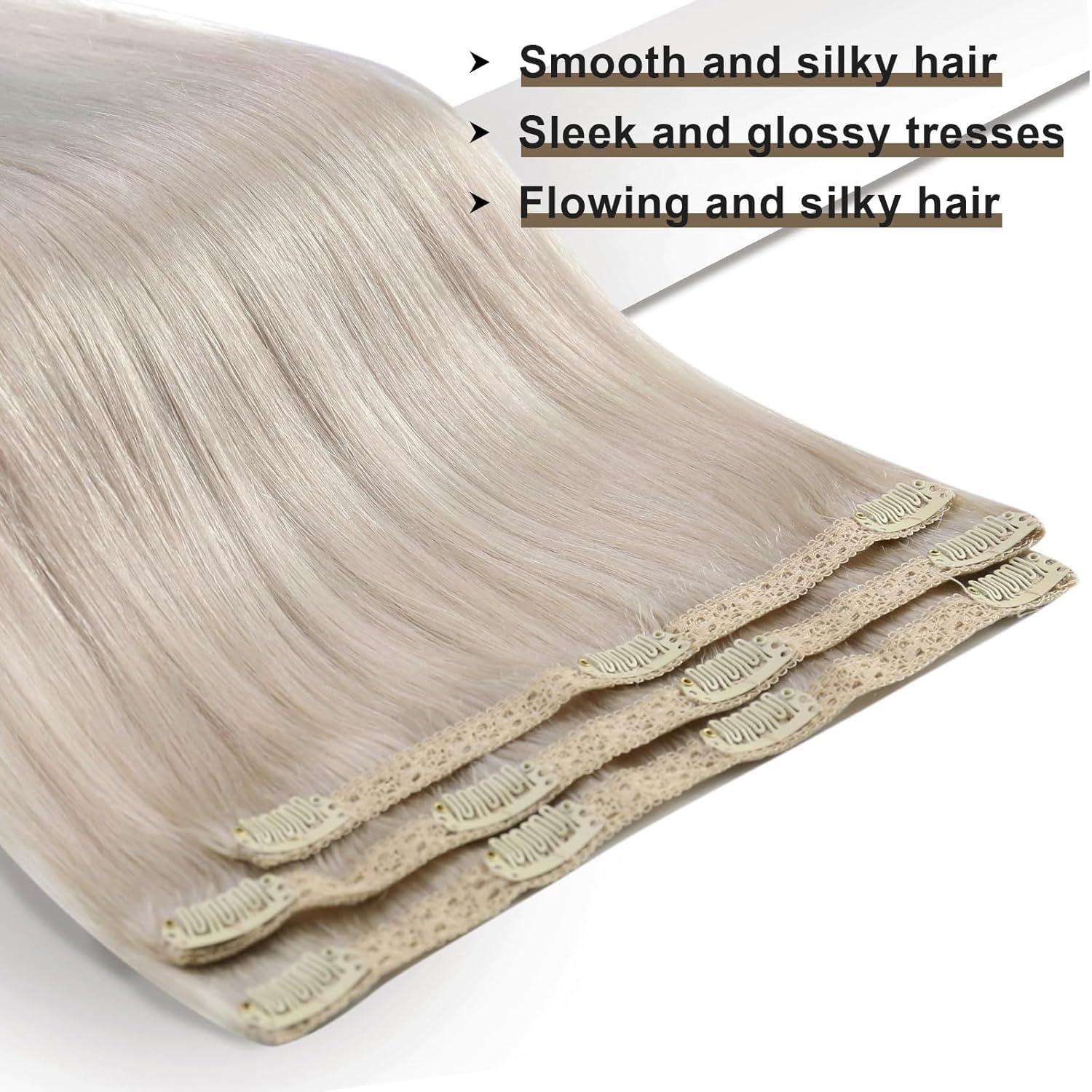 imageSunny Hair Clip in Hair Extensions Real Human Hair 120g Remy Hair Clip in Extensions for Women Human Hair Extensions Black Ombre Brown Balayage Caramel Blonde 24 InchA8 60Platinum Blonde